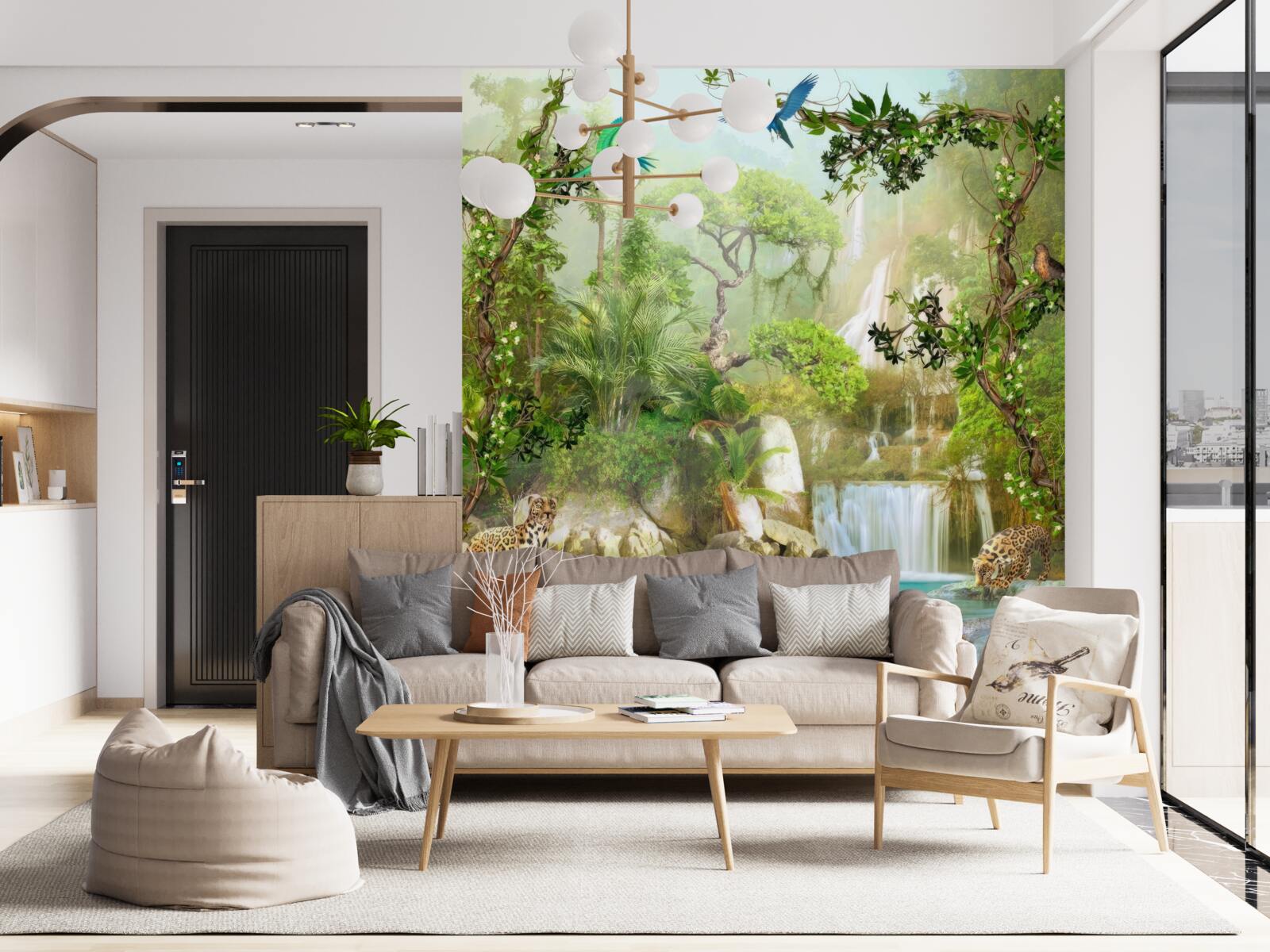 Fotobehang er zijn luipaarden boven de waterval