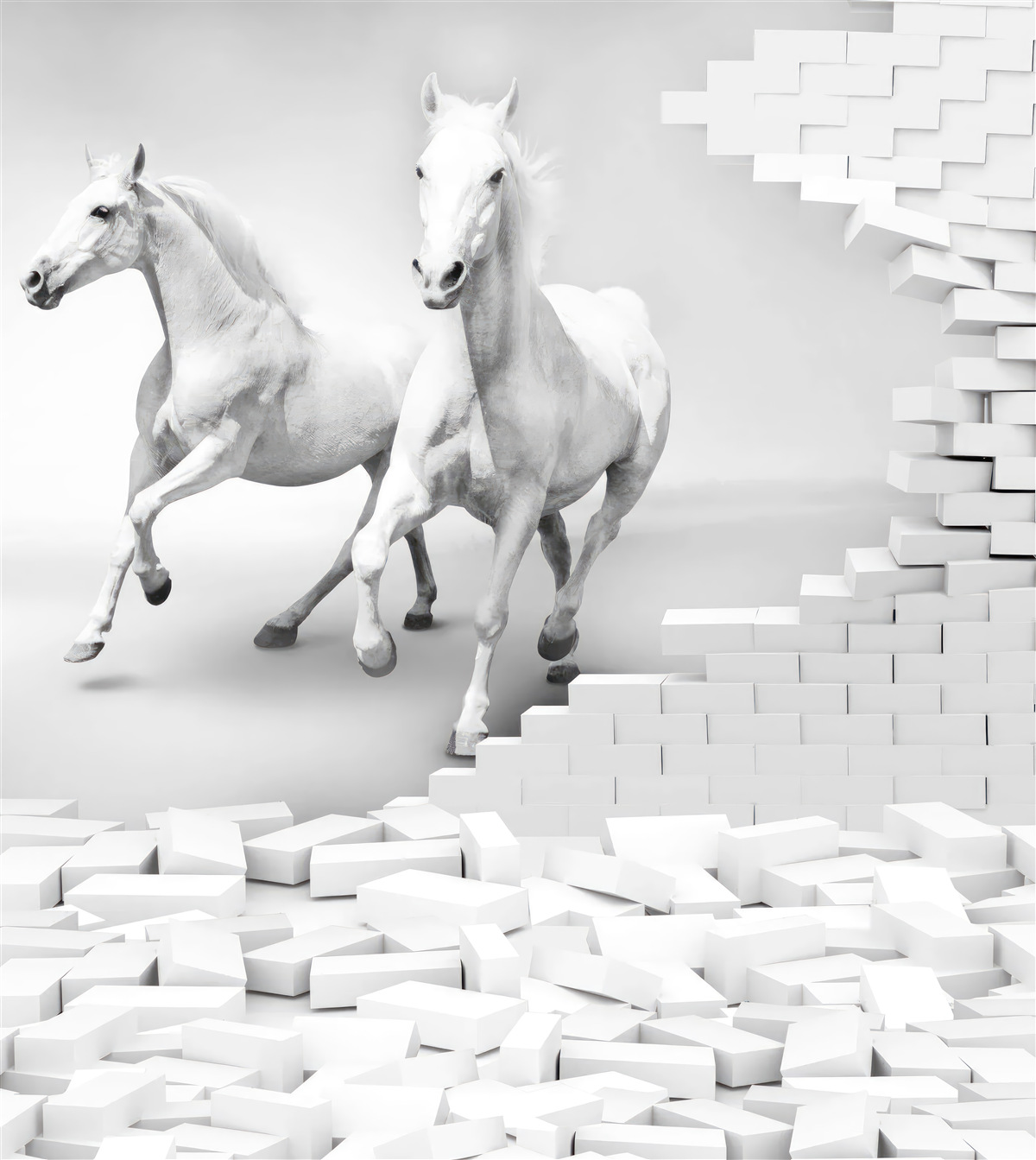 Fotobehang witte paarden en vervallen bakstenen
