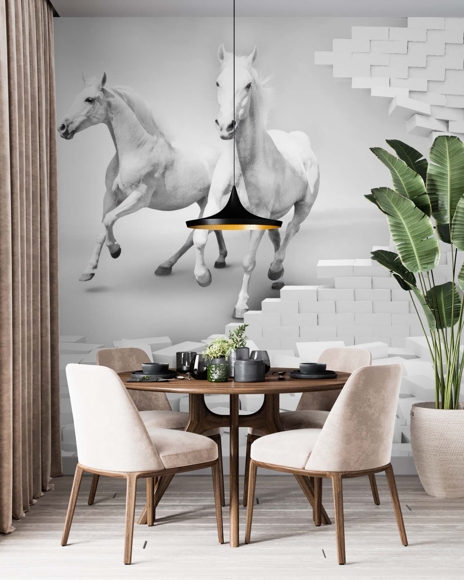 Fotobehang witte paarden en vervallen bakstenen