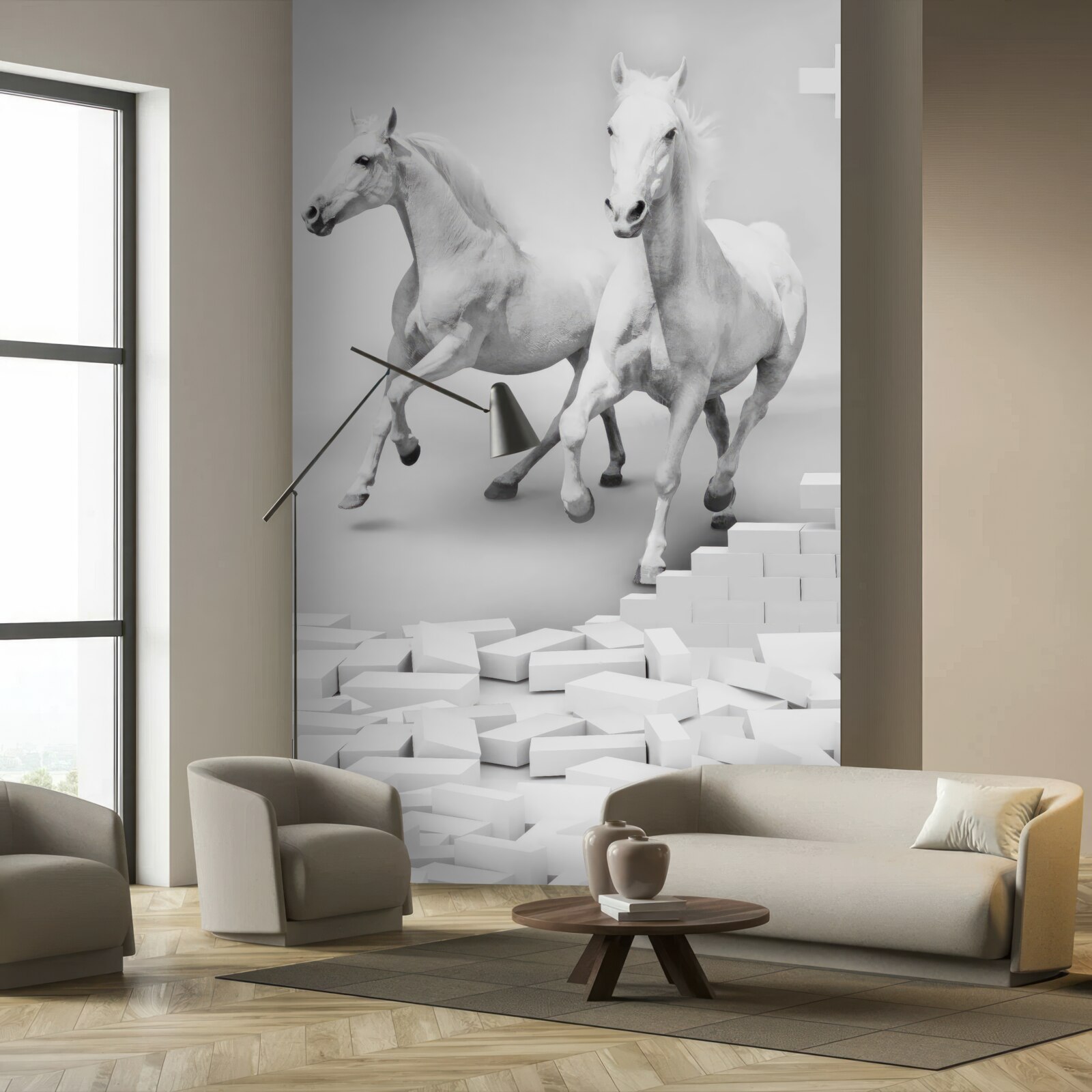 Fotobehang witte paarden en vervallen bakstenen