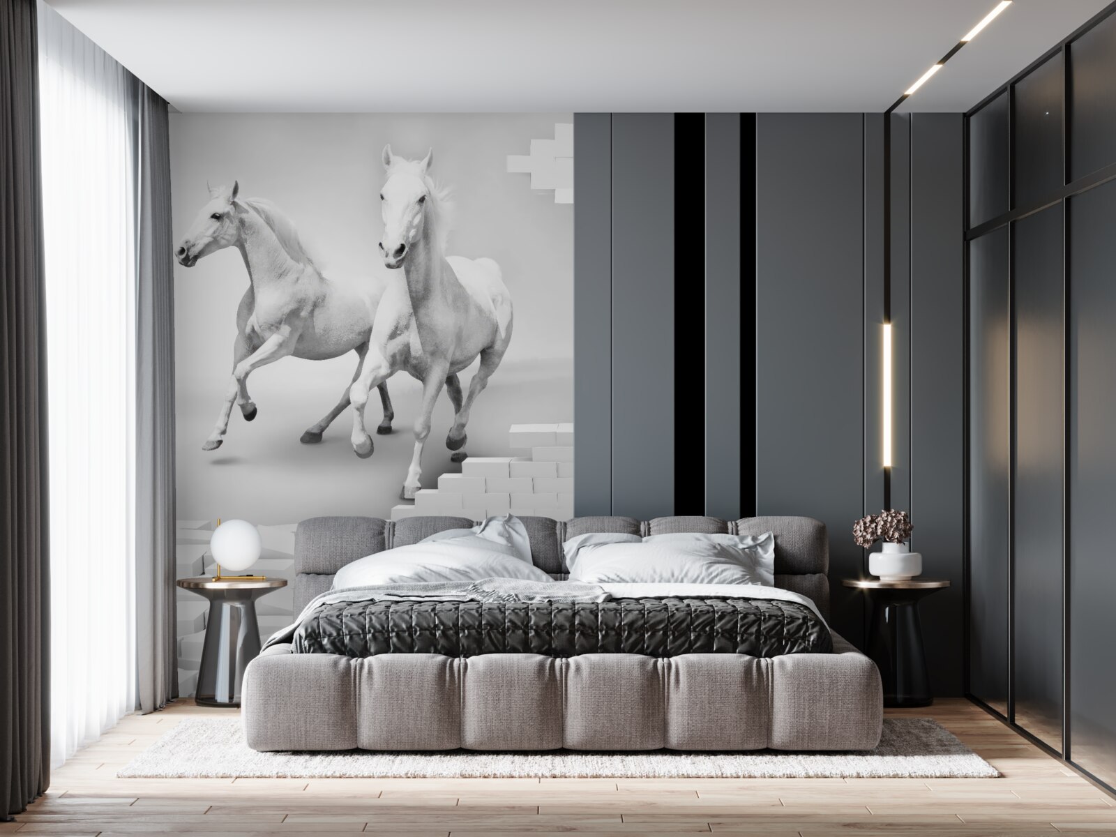 Fotobehang witte paarden en vervallen bakstenen