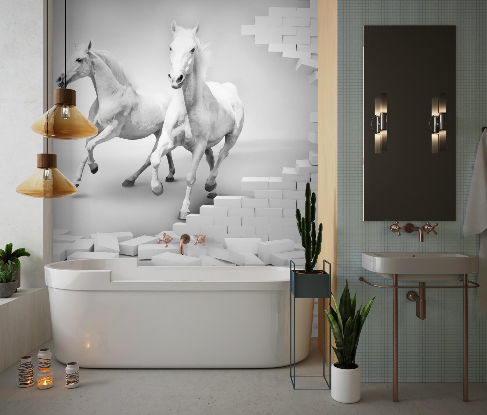 Fotobehang witte paarden en vervallen bakstenen