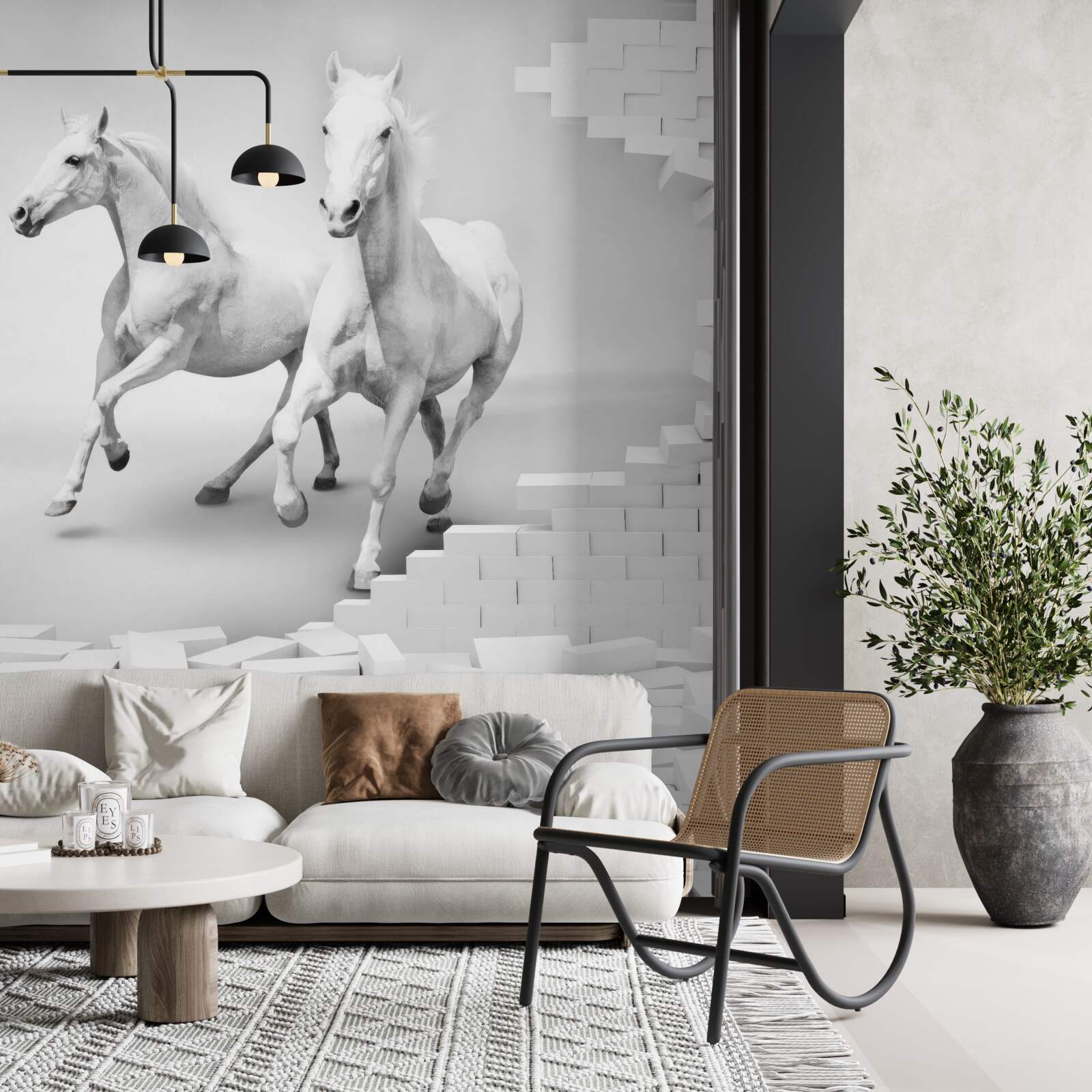 Fotobehang witte paarden en vervallen bakstenen