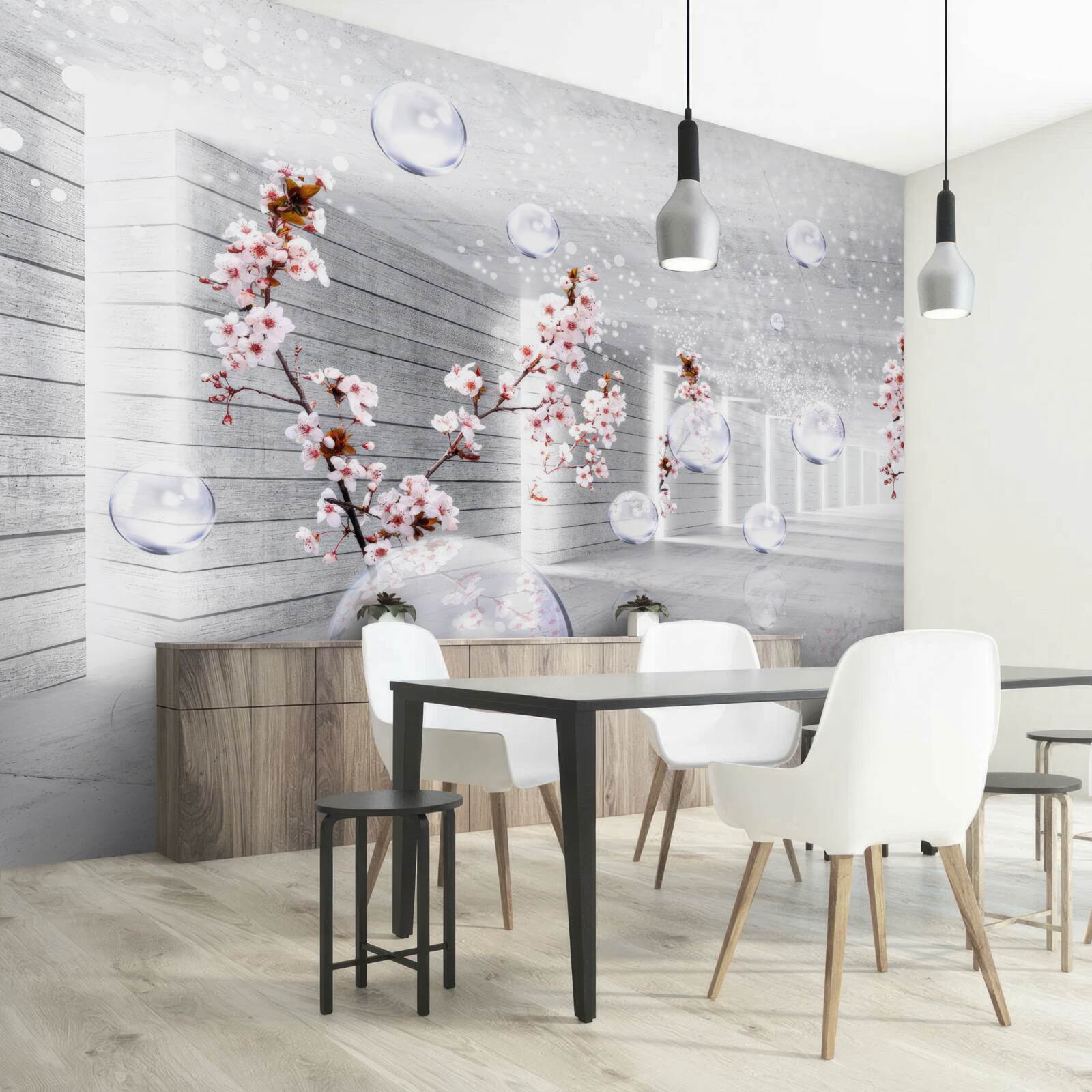 Fotobehang een bal van transparante stof en bloemen in de gang