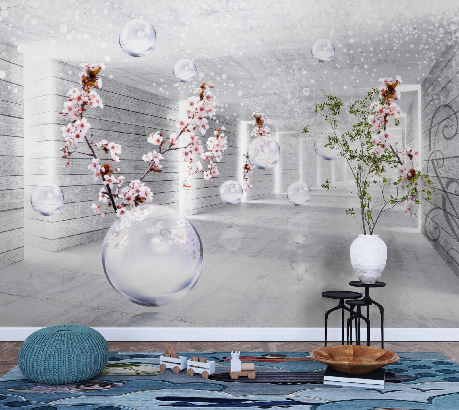 Fotobehang een bal van transparante stof en bloemen in de gang