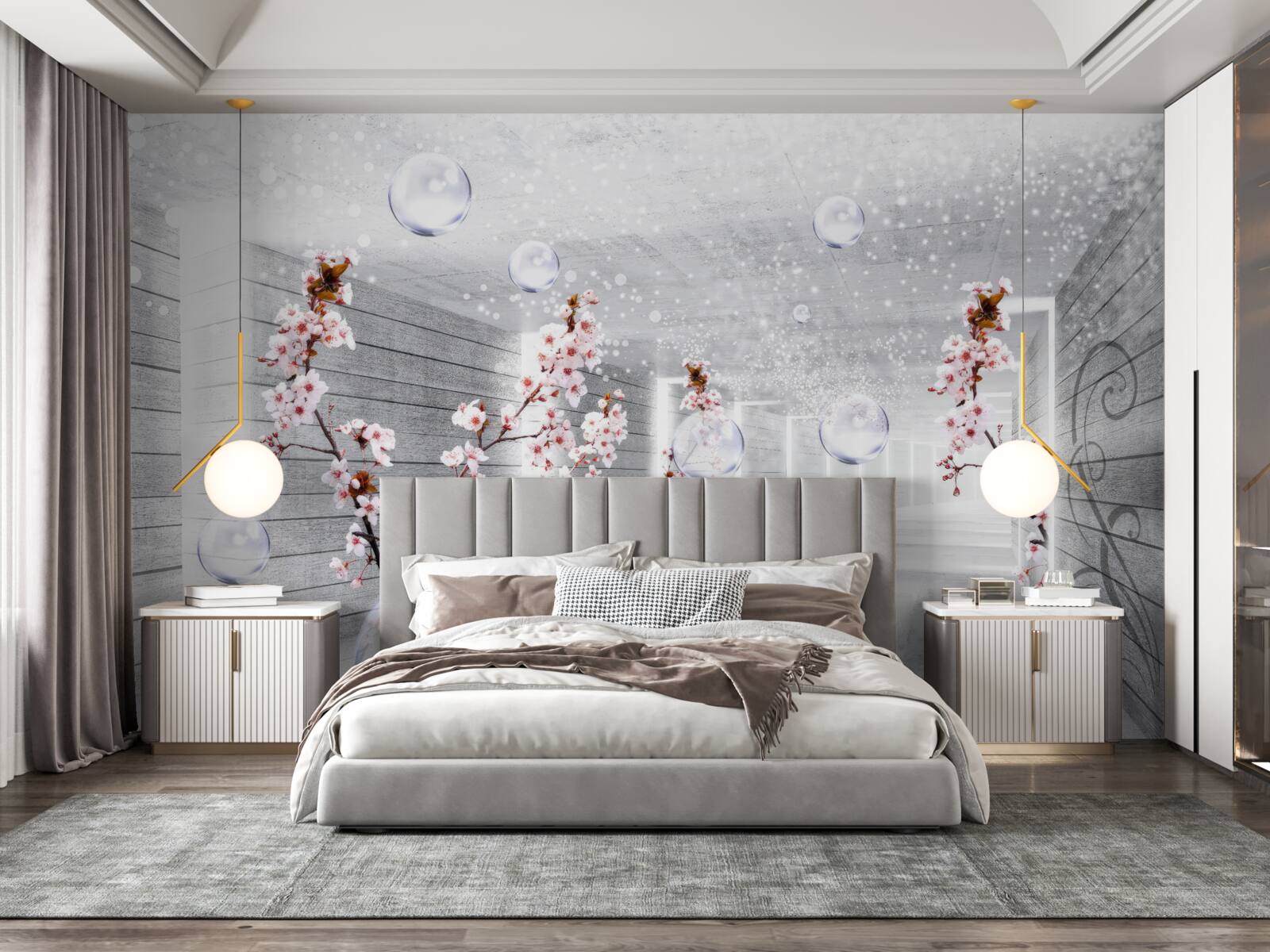 Fotobehang een bal van transparante stof en bloemen in de gang