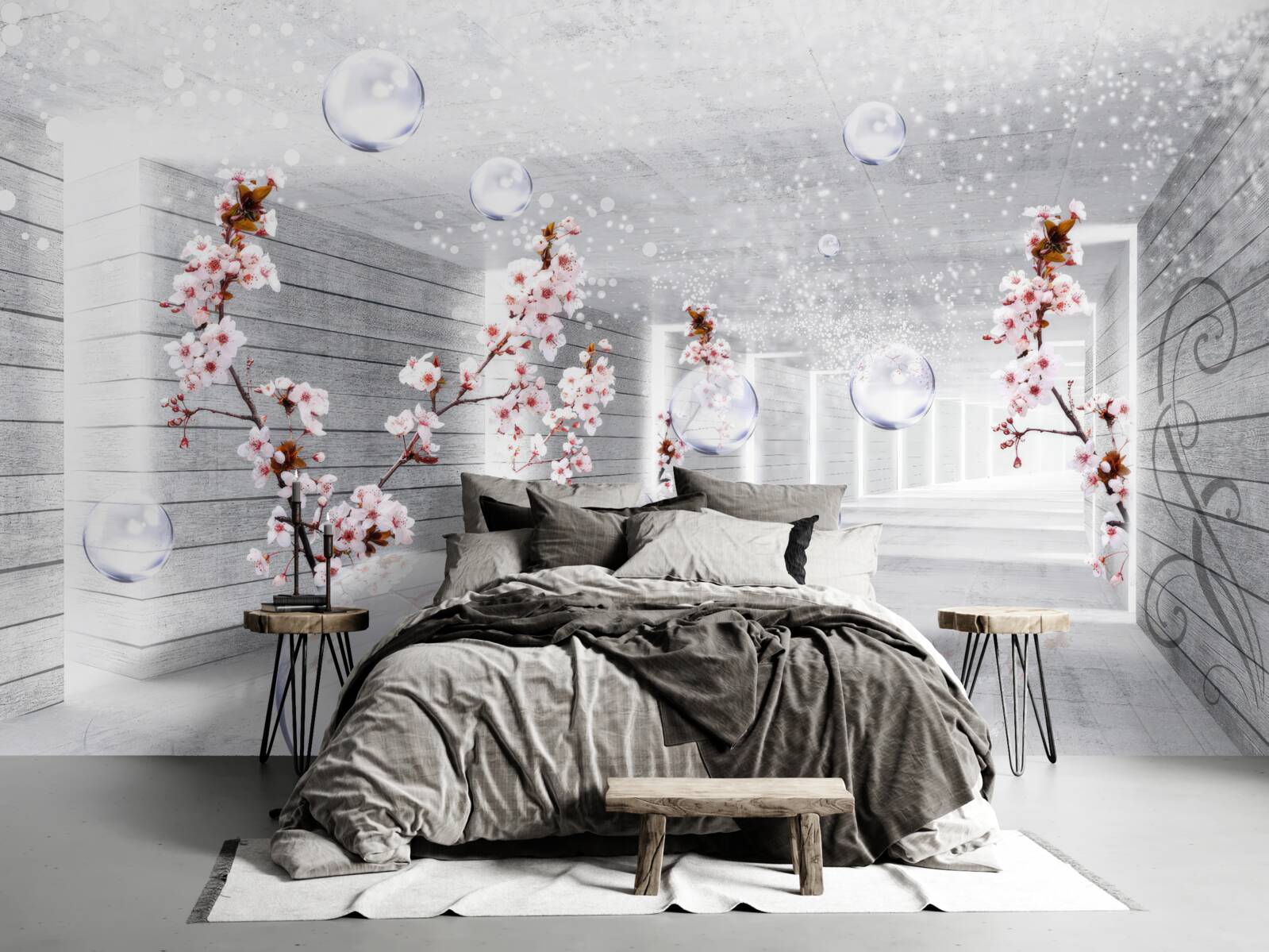 Fotobehang een bal van transparante stof en bloemen in de gang