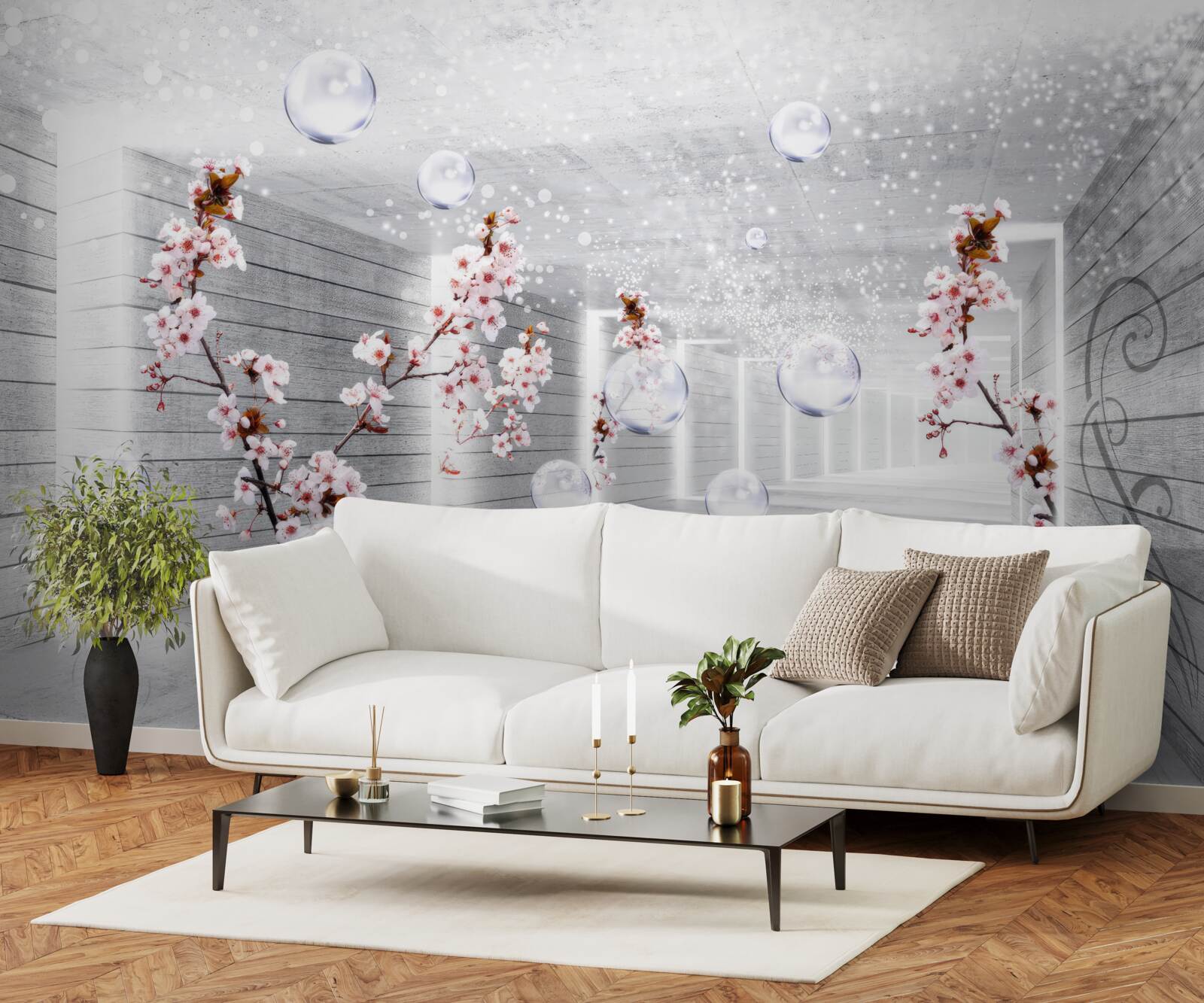 Fotobehang een bal van transparante stof en bloemen in de gang