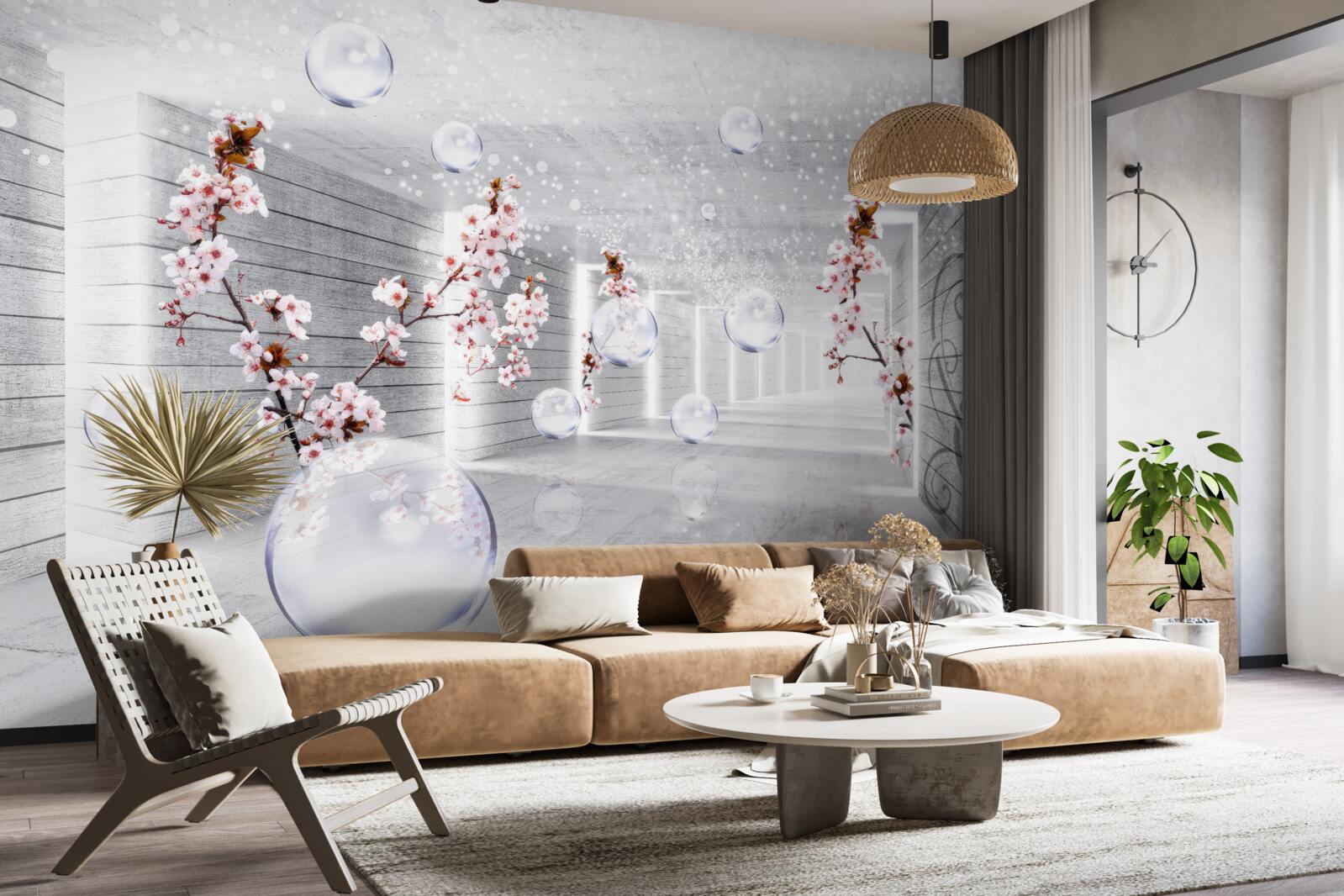 Fotobehang een bal van transparante stof en bloemen in de gang