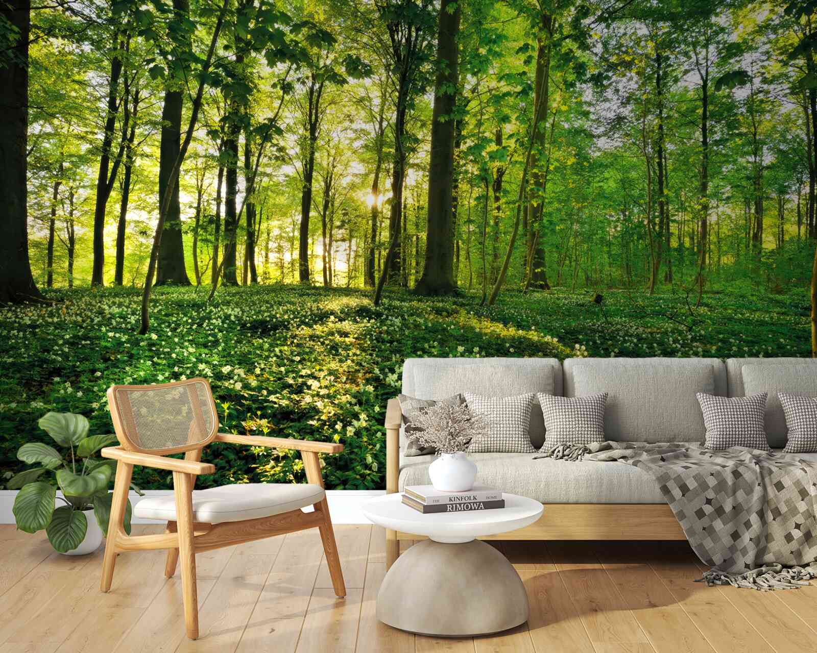 Fotobehang een open plek in een bos bedekt met bloemen