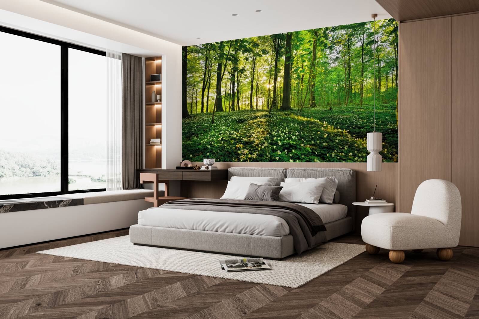 Fotobehang een open plek in een bos bedekt met bloemen