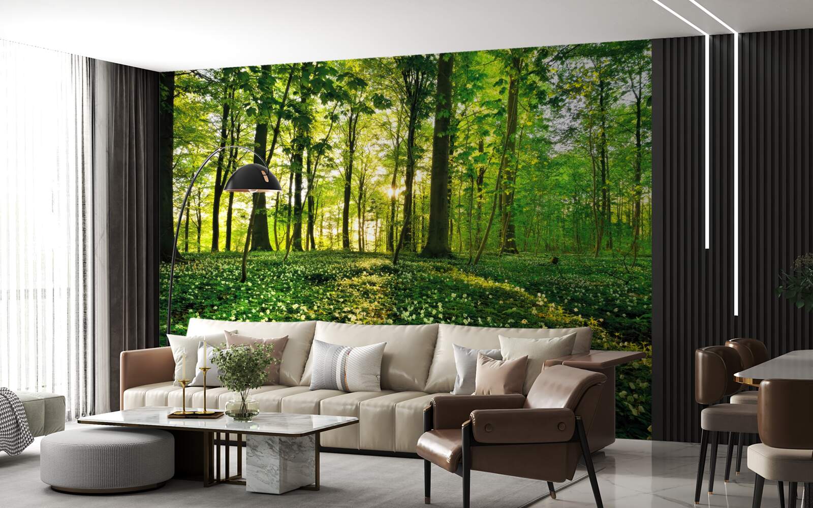 Fotobehang een open plek in een bos bedekt met bloemen