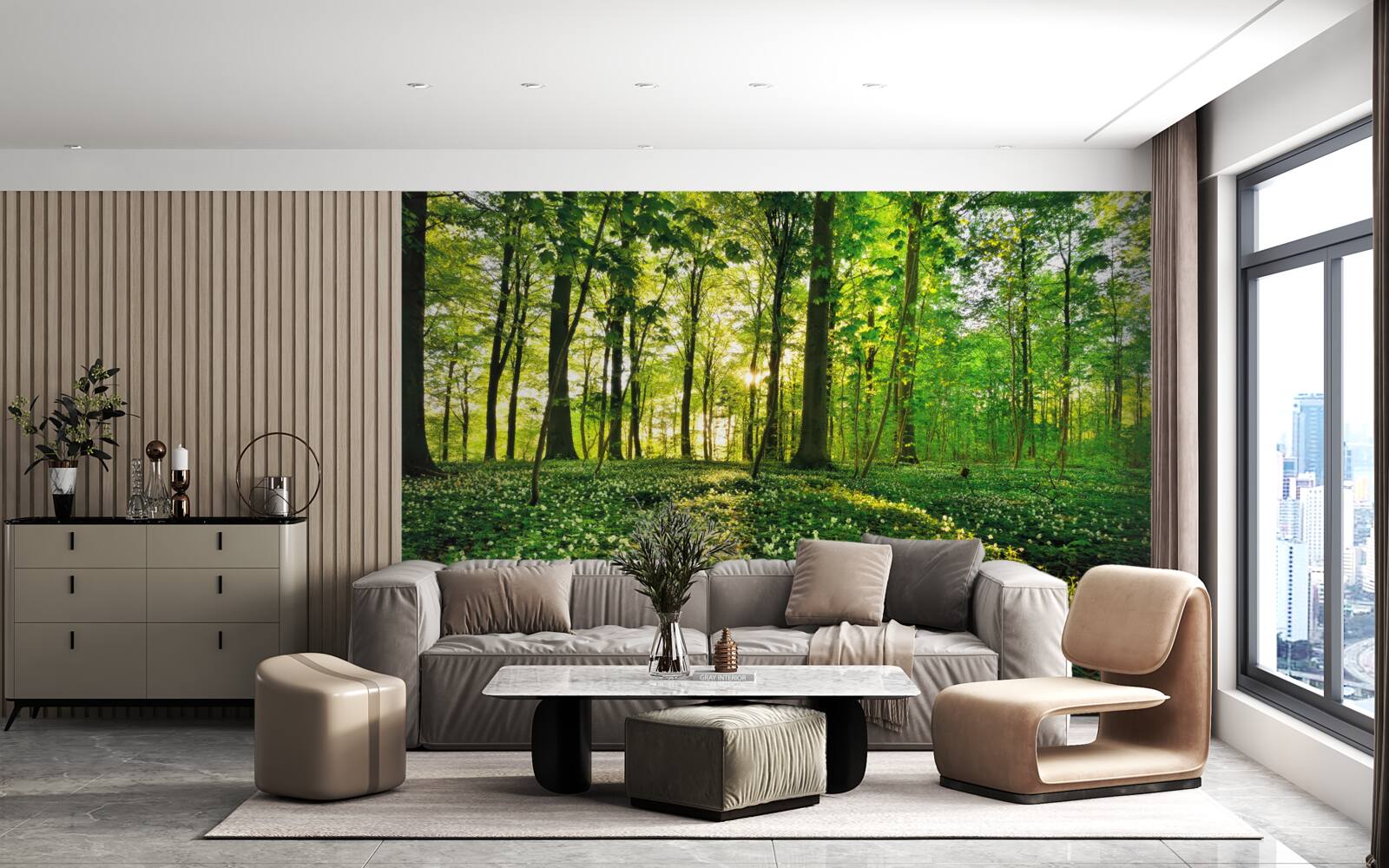 Fotobehang een open plek in een bos bedekt met bloemen