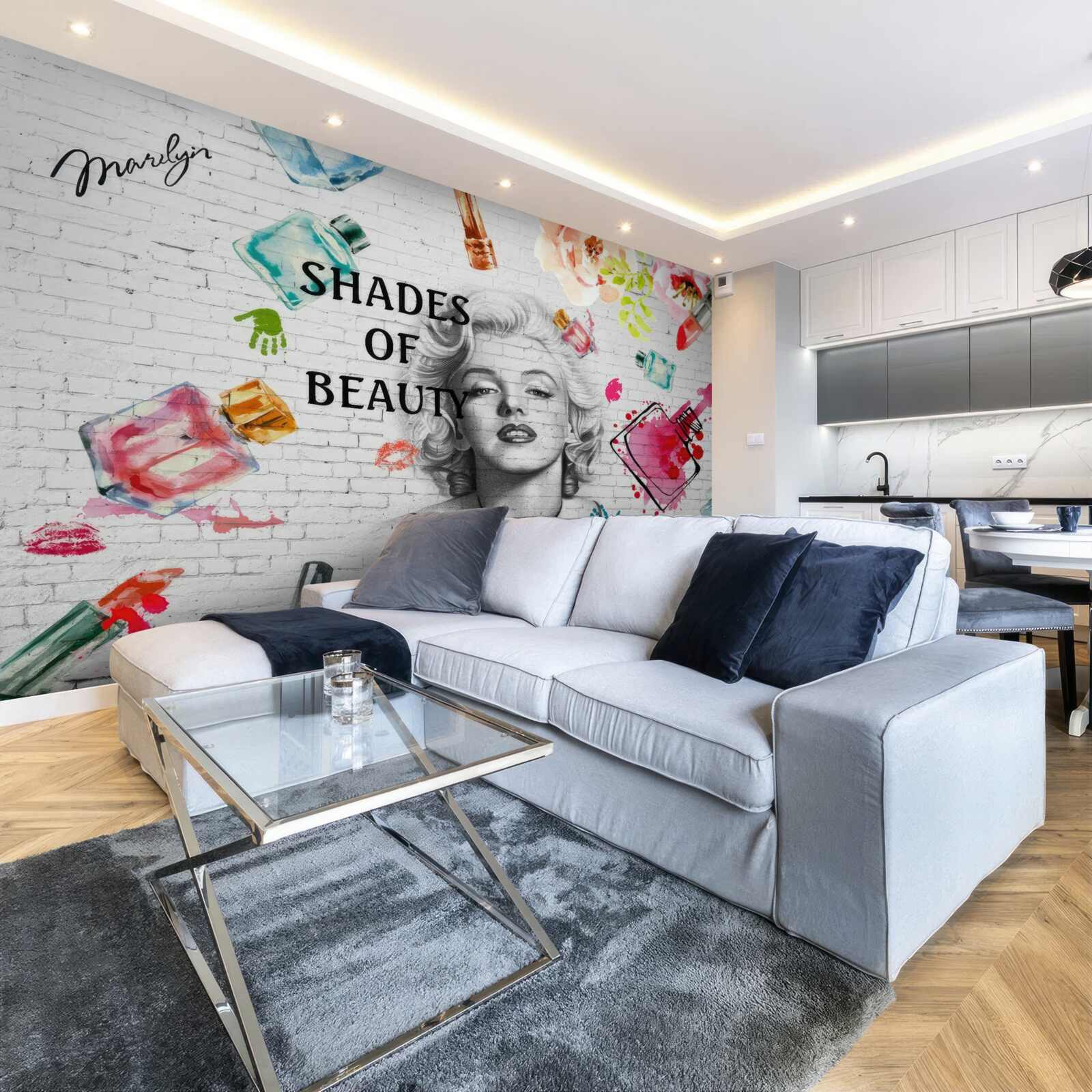 Fotobehang monroe tegen een witte bakstenen muur