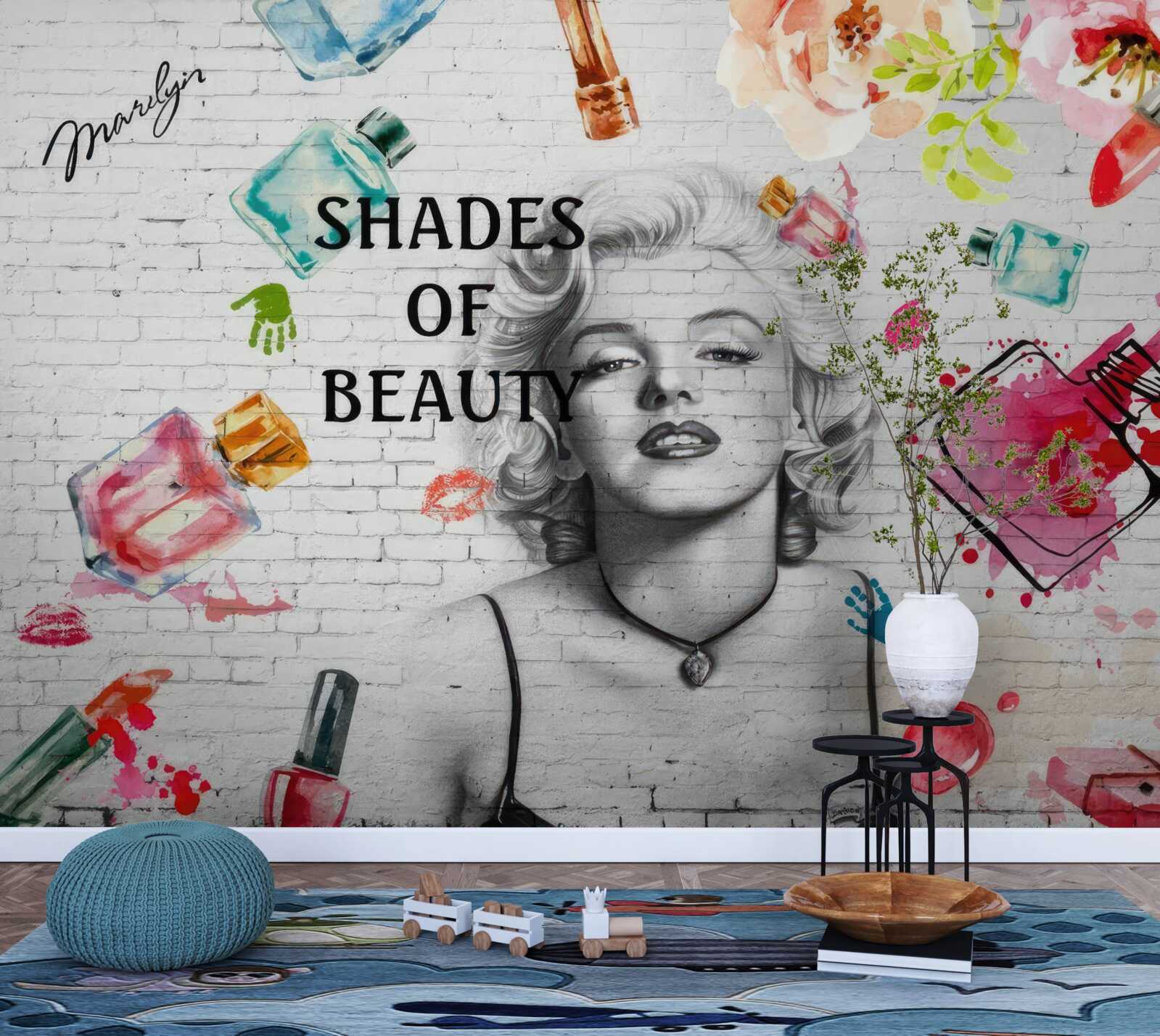 Fotobehang monroe tegen een witte bakstenen muur