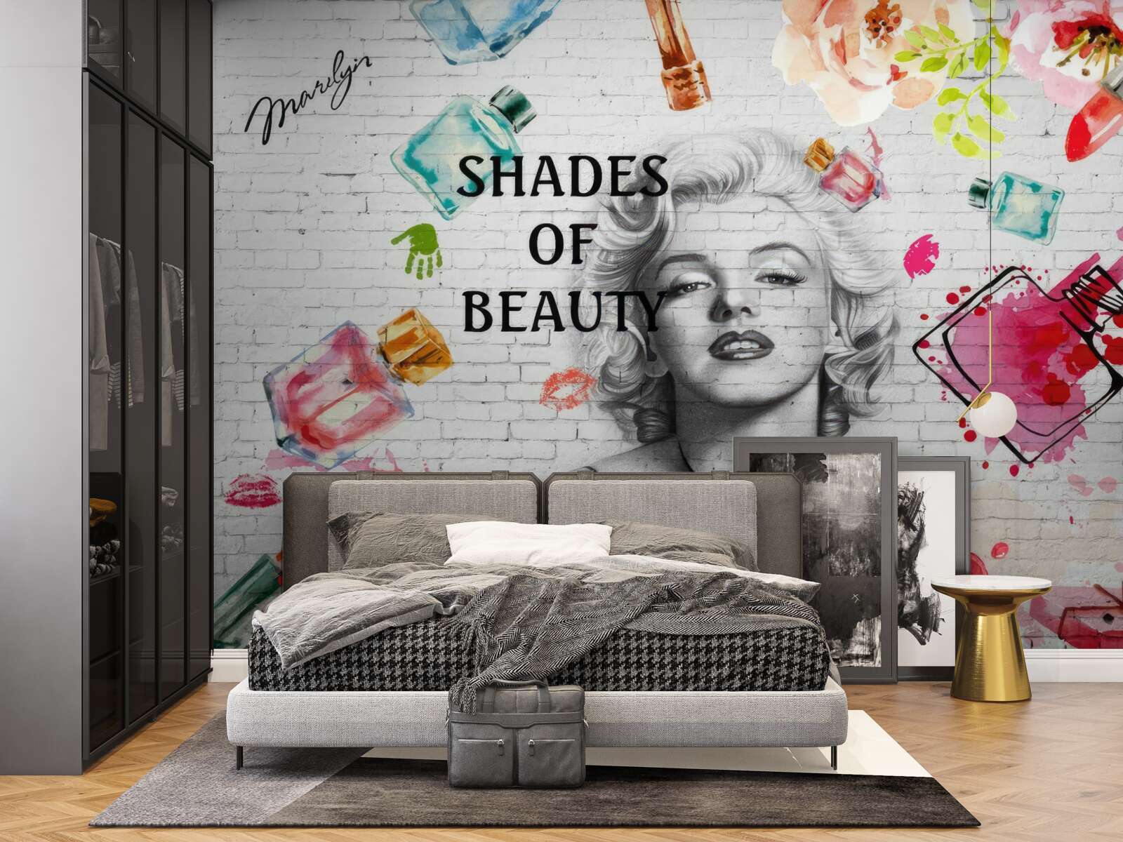 Fotobehang monroe tegen een witte bakstenen muur