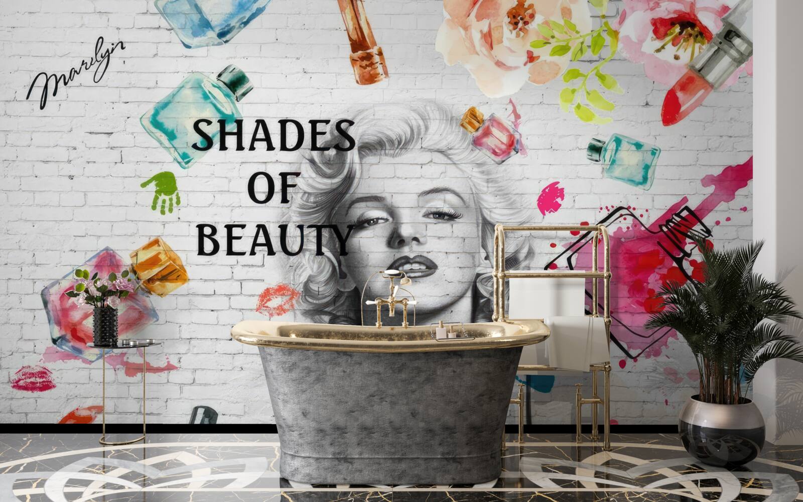 Fotobehang monroe tegen een witte bakstenen muur