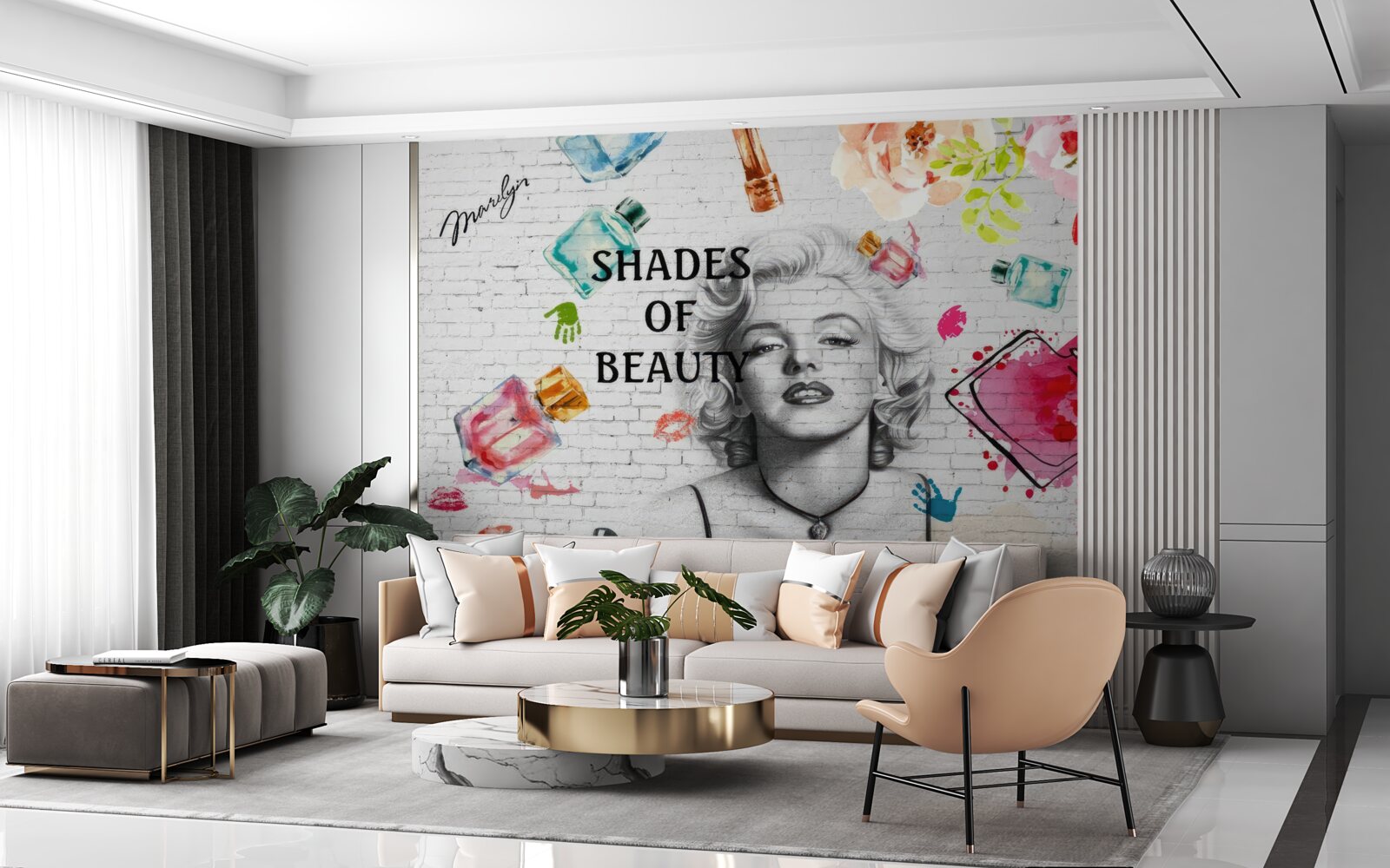 Fotobehang monroe tegen een witte bakstenen muur