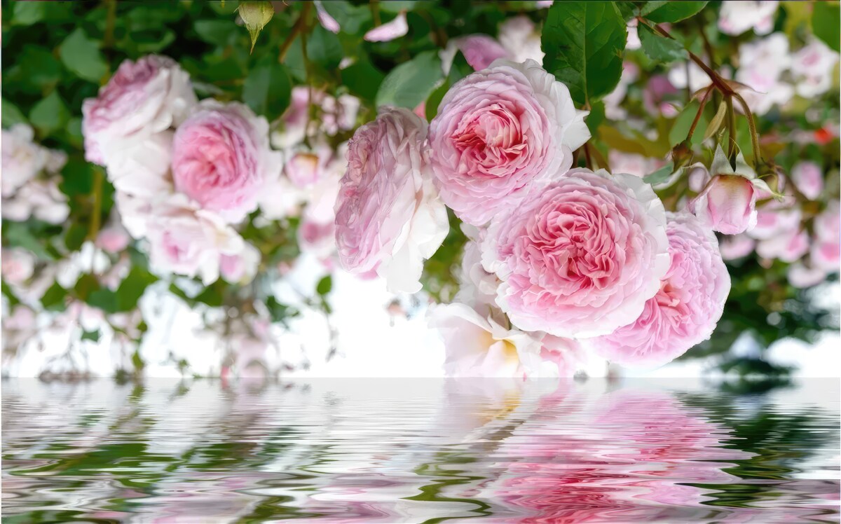 Fotobehang roze rozen aan het water