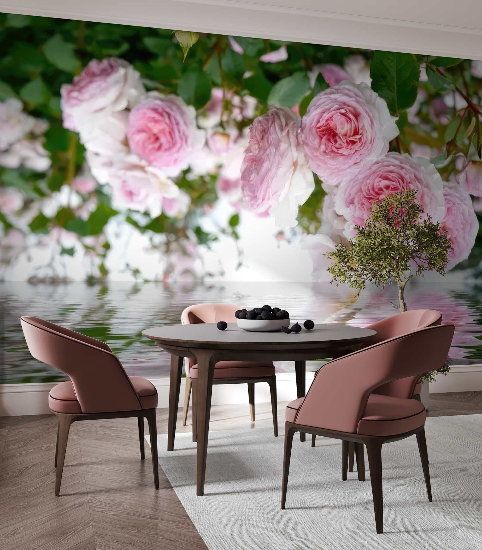 Fotobehang roze rozen aan het water