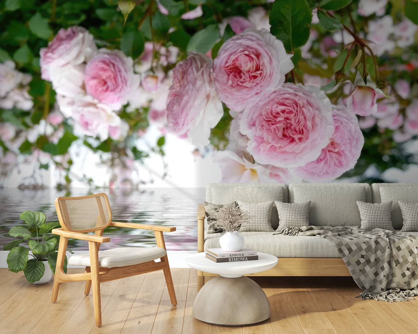 Fotobehang roze rozen aan het water