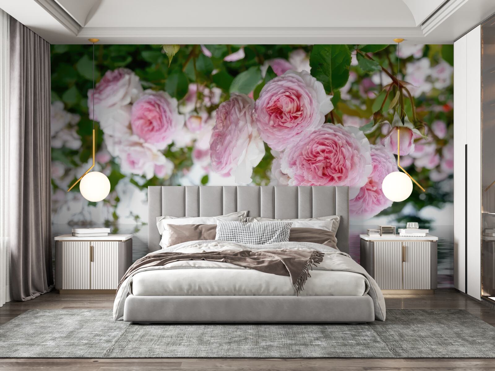 Fotobehang roze rozen aan het water