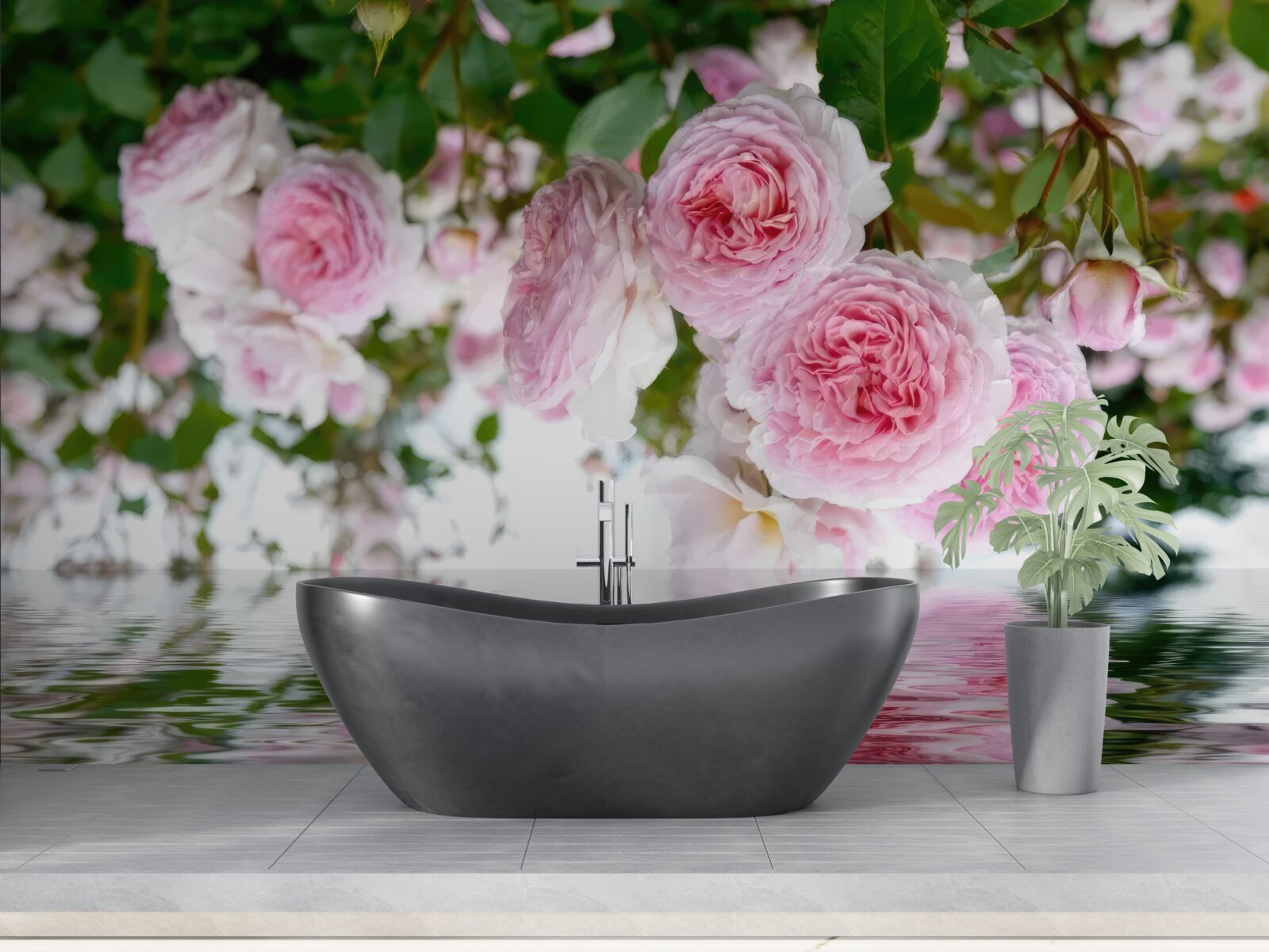 Fotobehang roze rozen aan het water