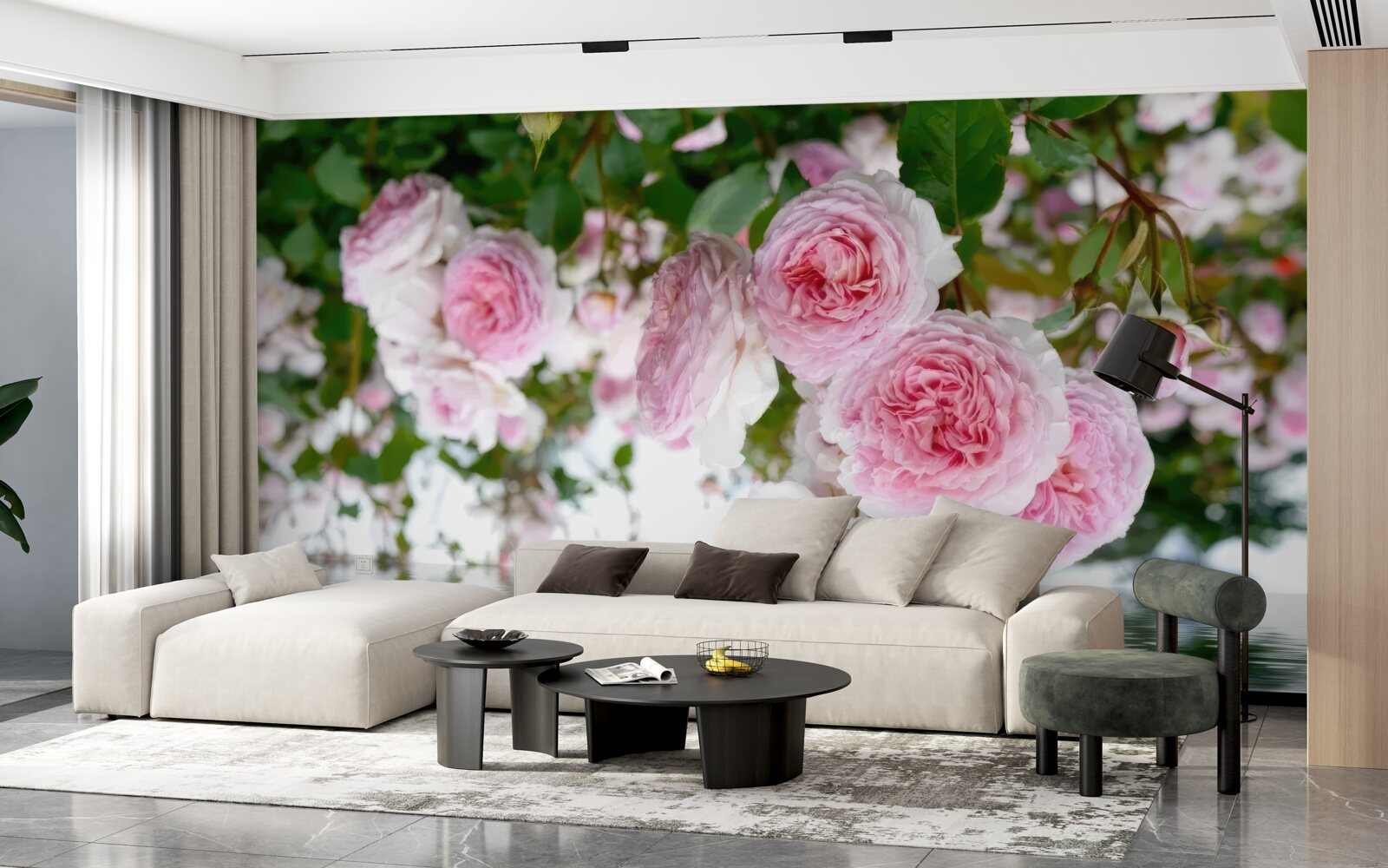 Fotobehang roze rozen aan het water