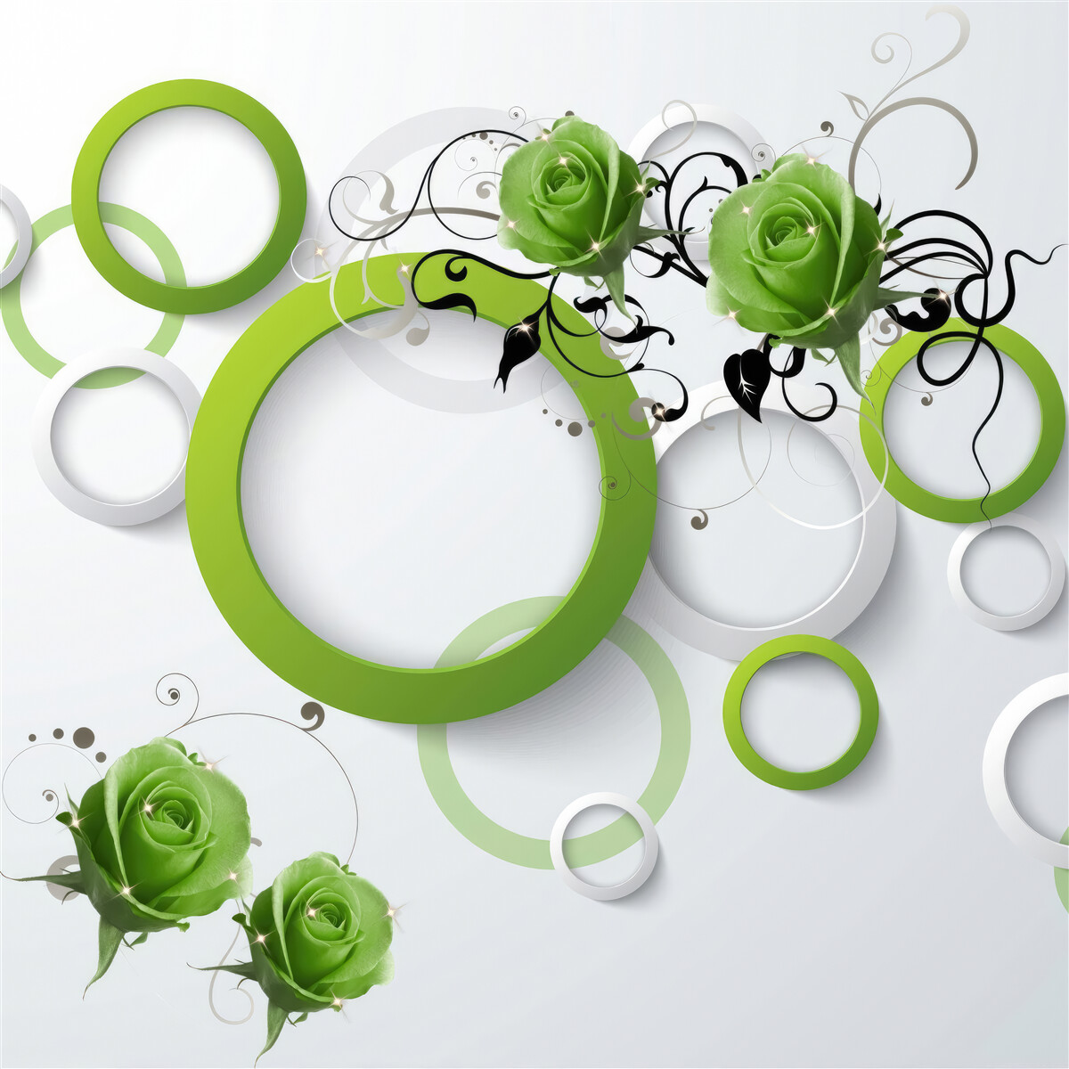 Fotobehang groene cirkels en rozen