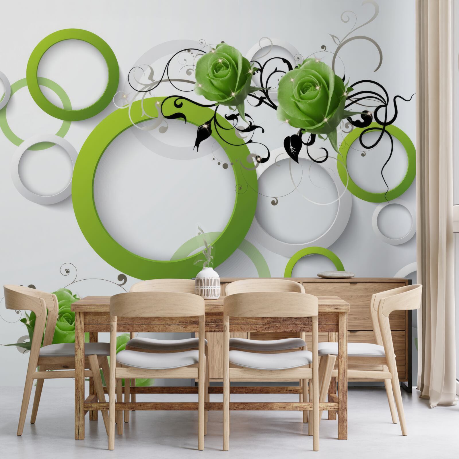 Fotobehang groene cirkels en rozen