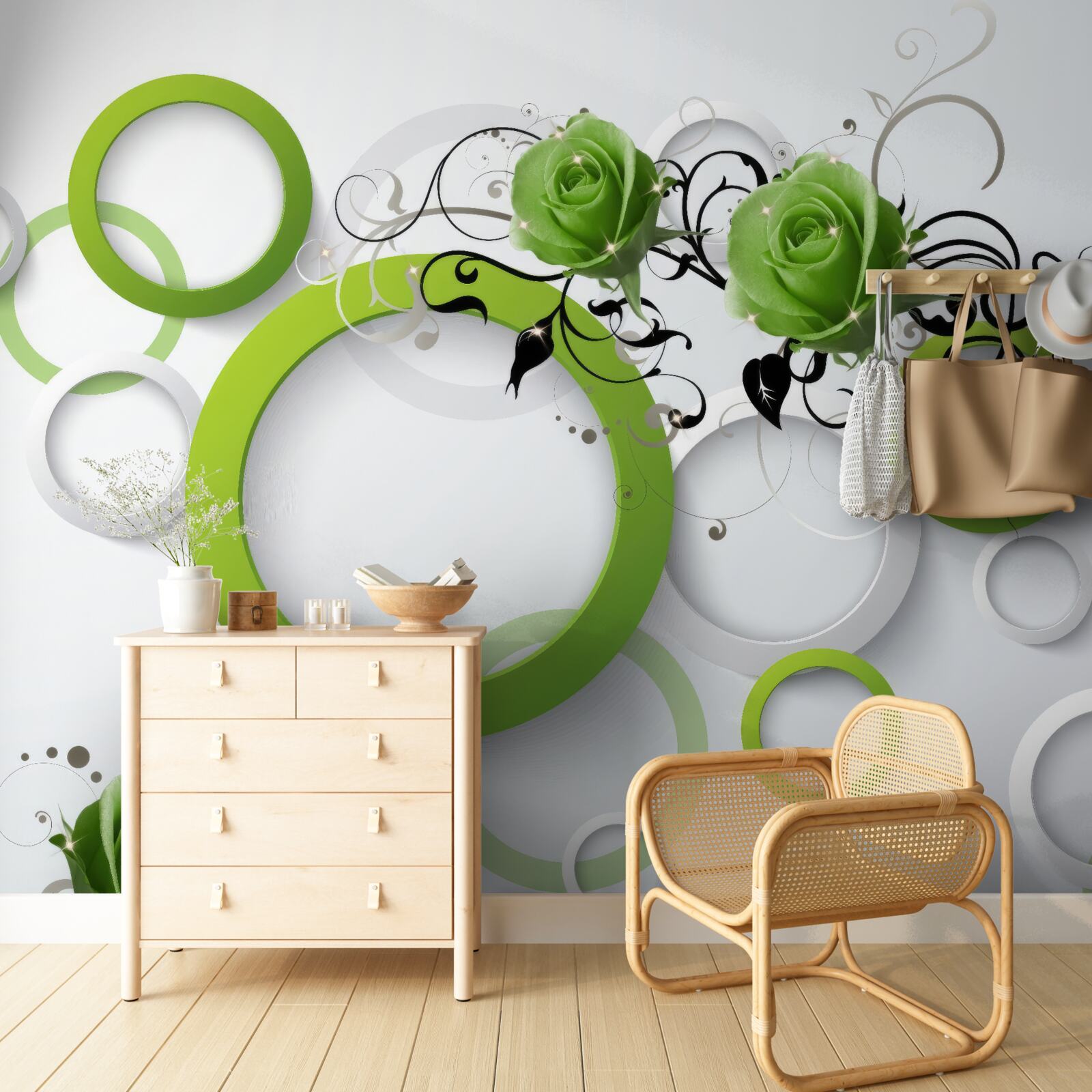 Fotobehang groene cirkels en rozen