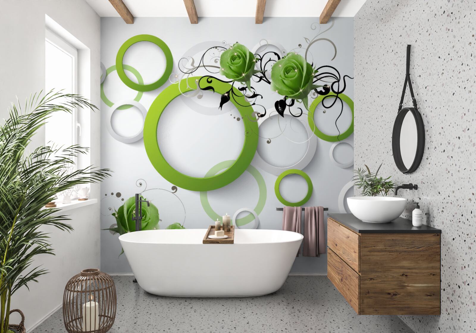 Fotobehang groene cirkels en rozen