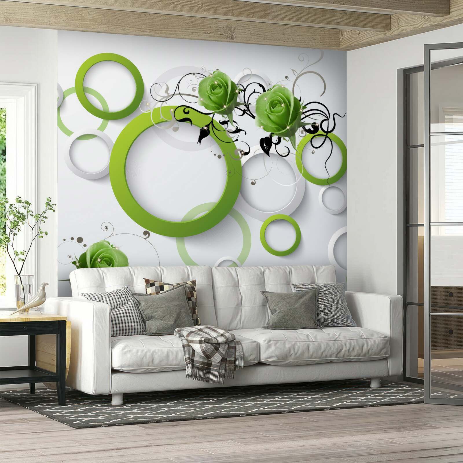 Fotobehang groene cirkels en rozen