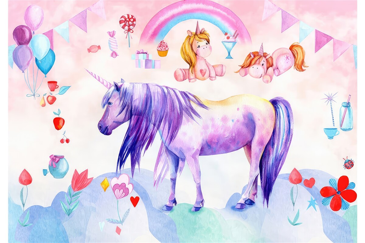 Fotobehang Eenhoorns omringd door regenbogen, bloemen en cadeaus