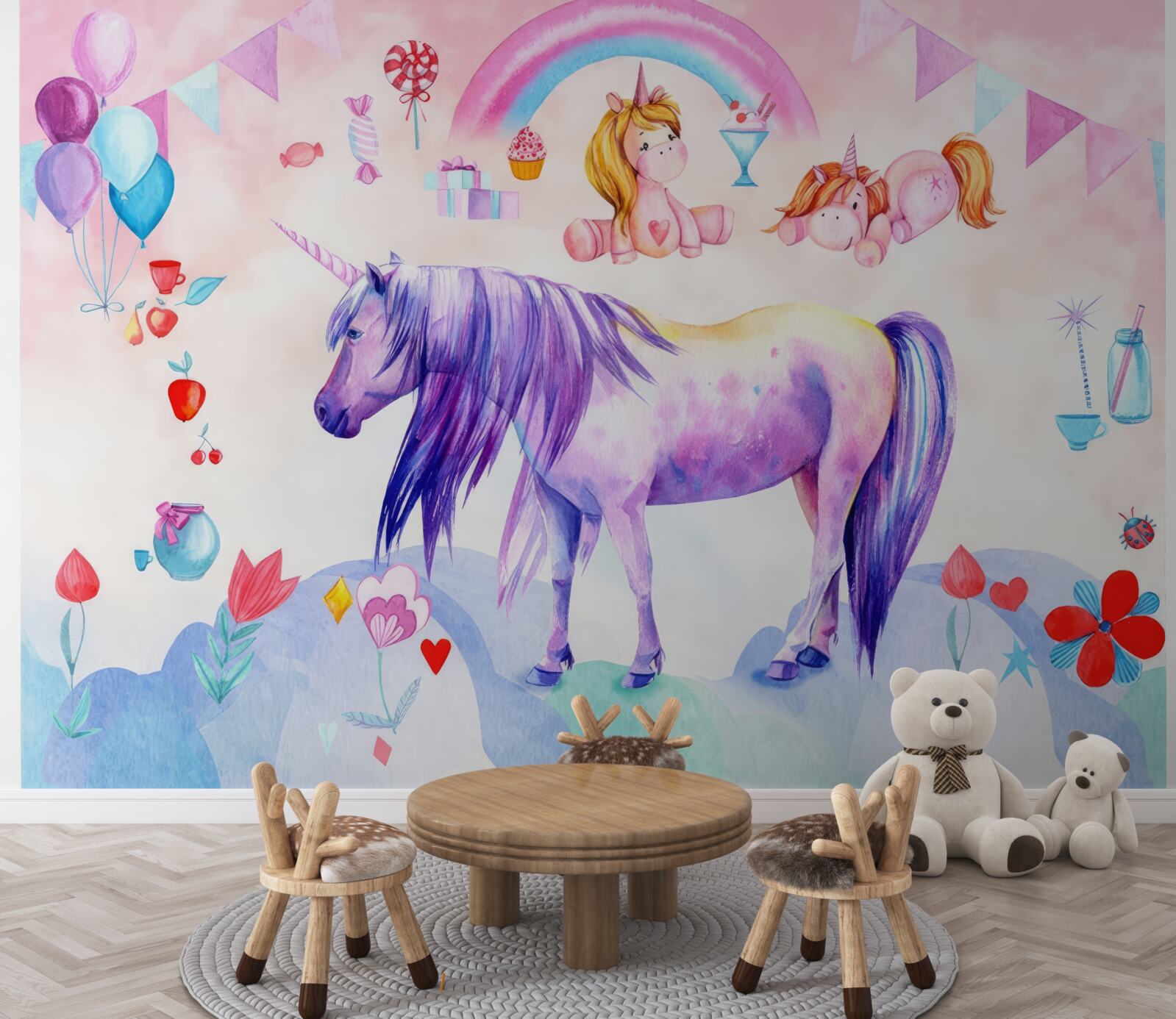 Fotobehang Eenhoorns omringd door regenbogen, bloemen en cadeaus