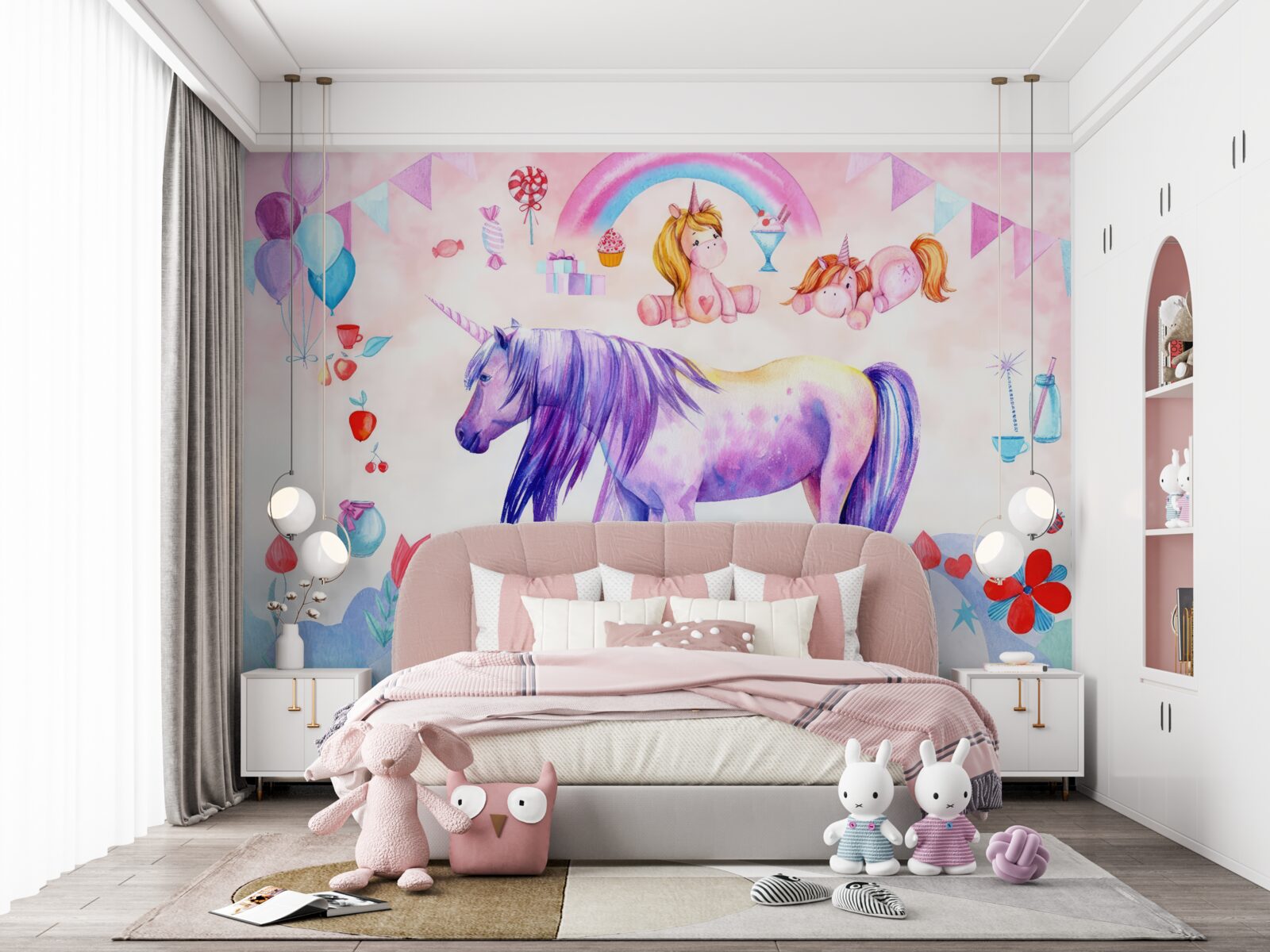 Fotobehang Eenhoorns omringd door regenbogen, bloemen en cadeaus