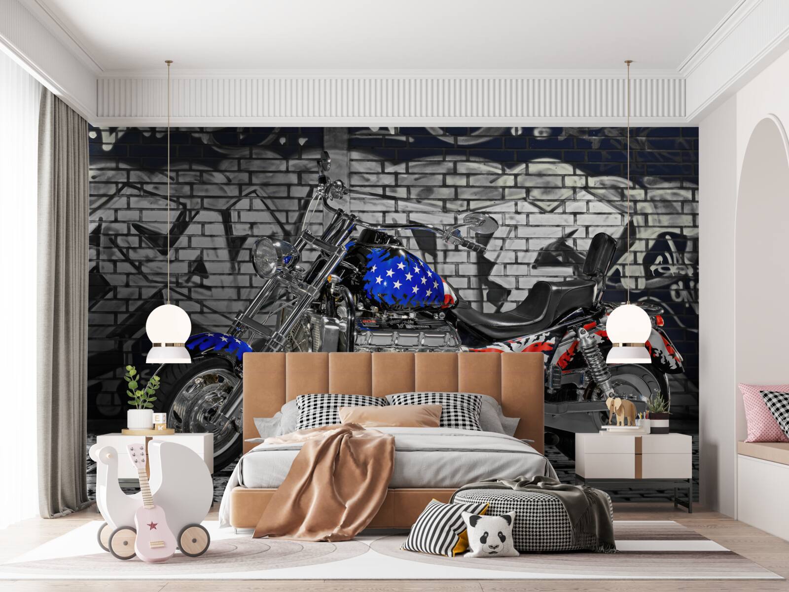 Fotobehang motor naast geschilderde muur