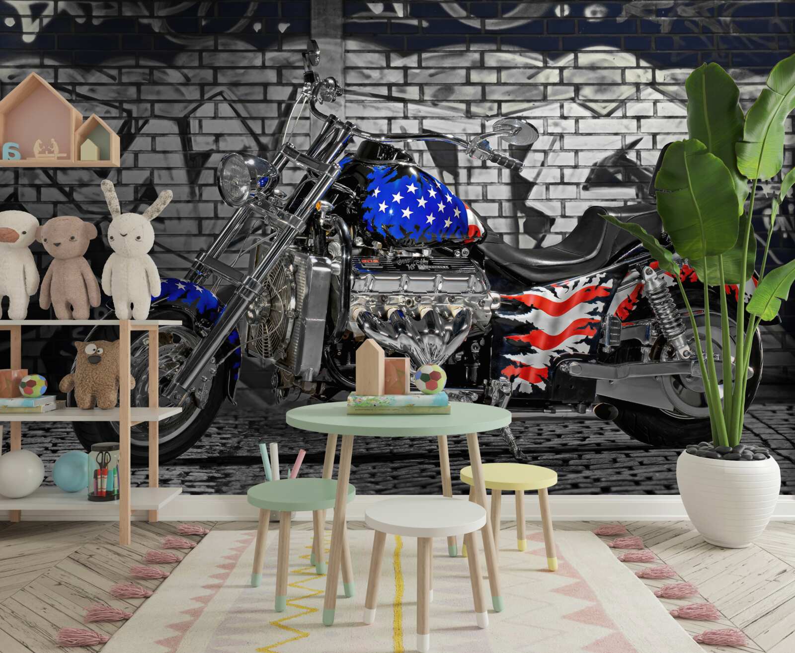 Fotobehang motor naast geschilderde muur