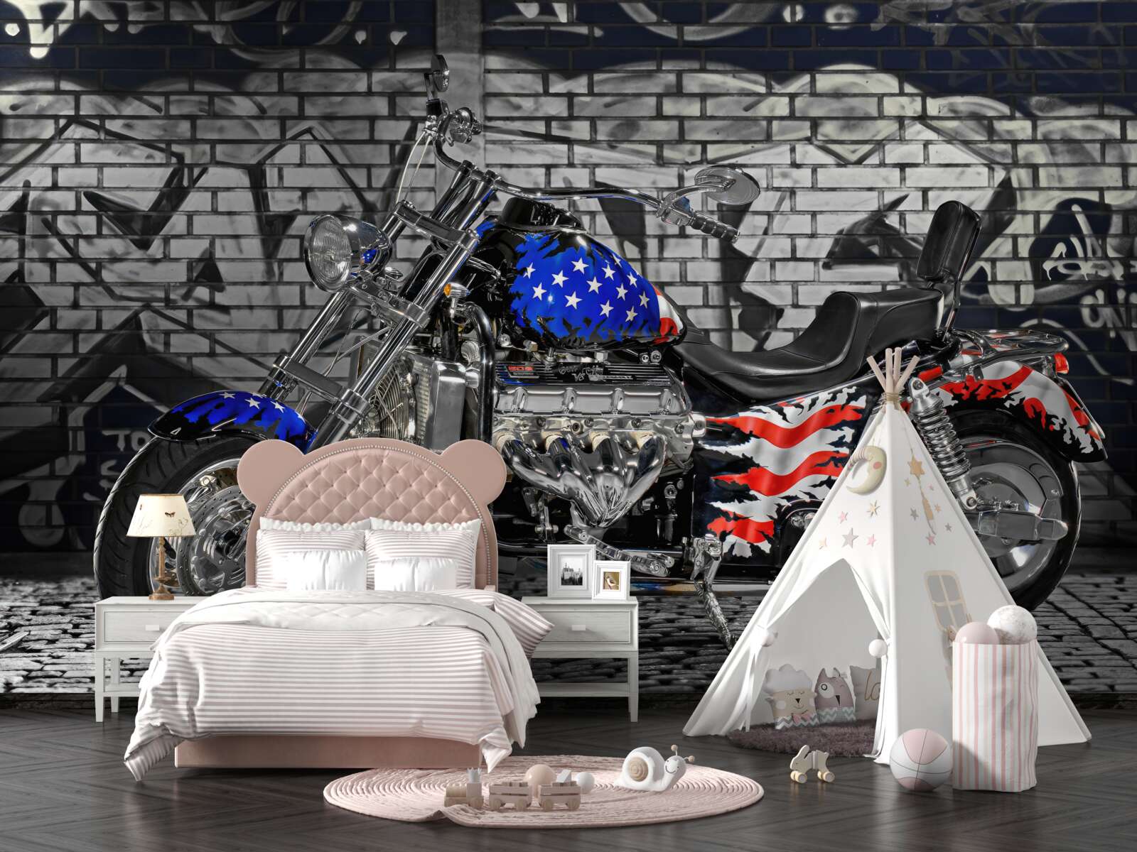 Fotobehang motor naast geschilderde muur