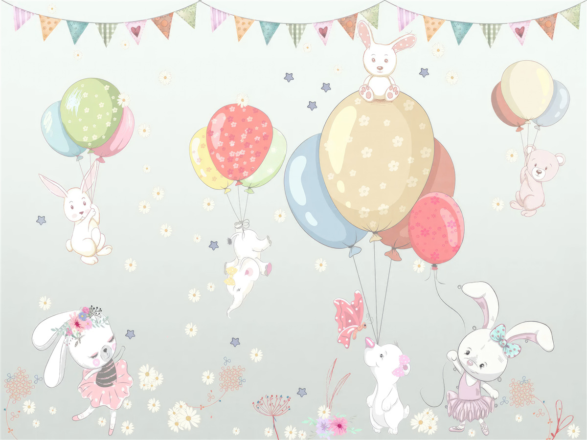 Fotobehang konijnen en beren met ballonnen