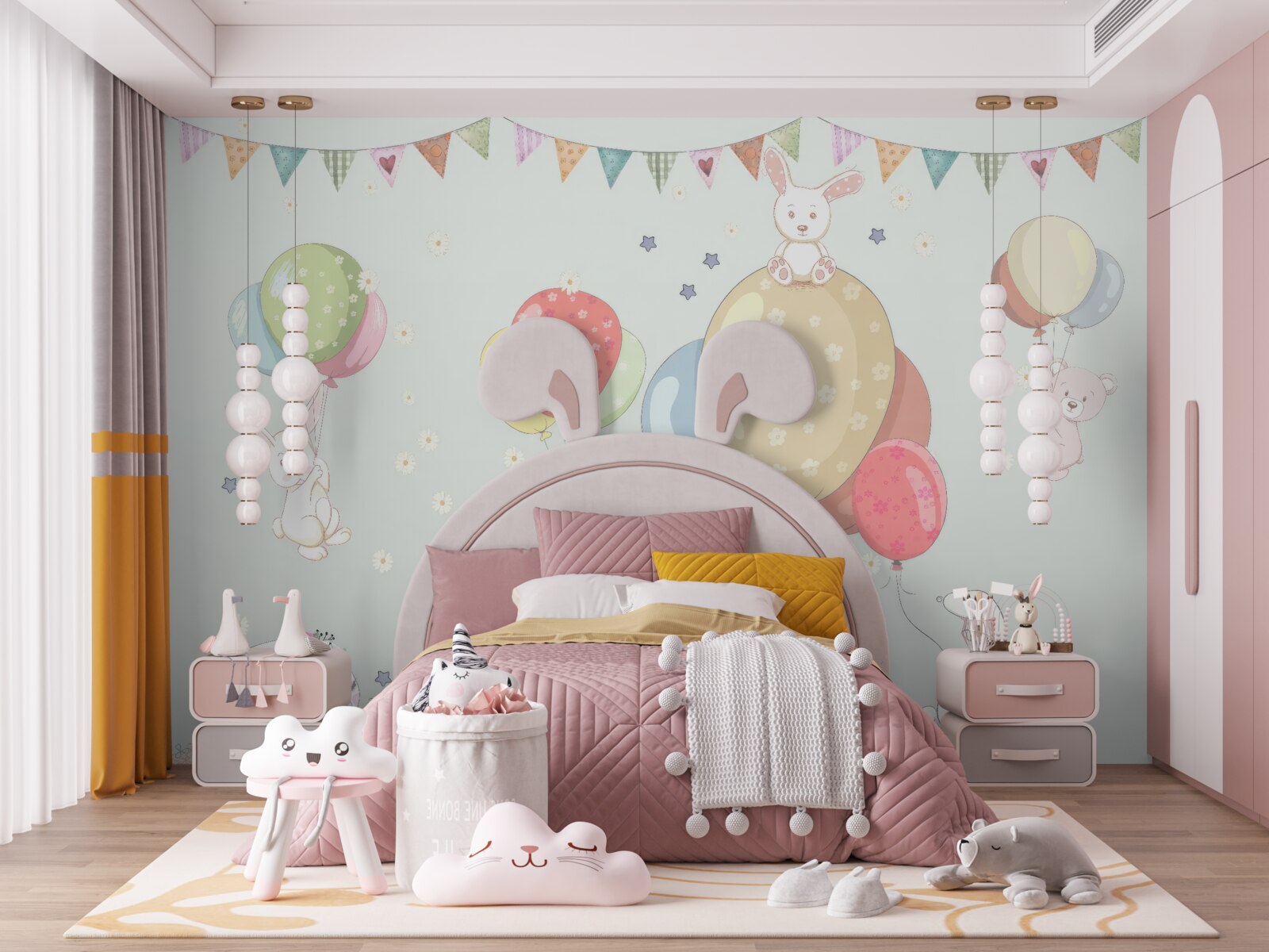 Fotobehang konijnen en beren met ballonnen