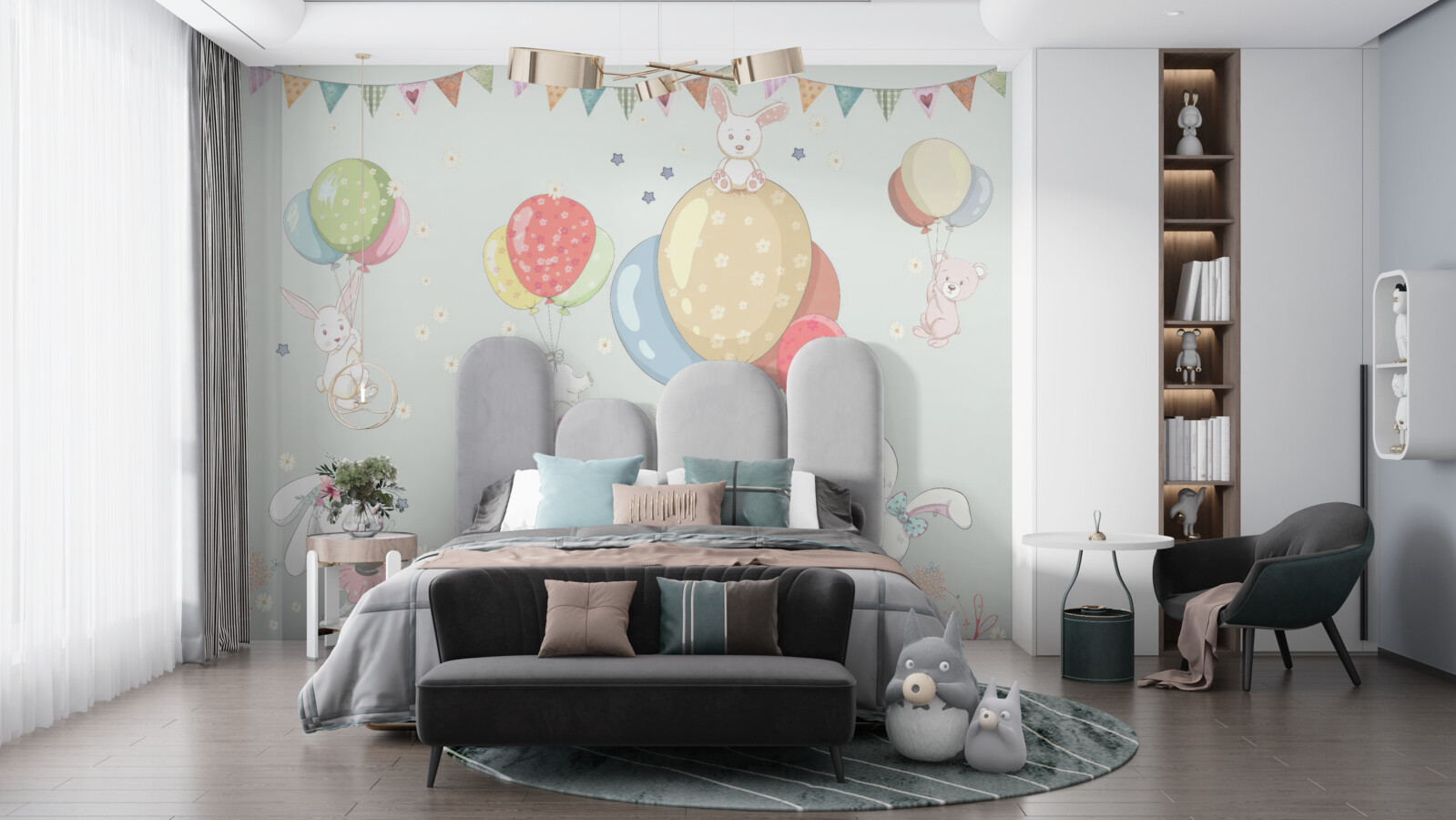 Fotobehang konijnen en beren met ballonnen