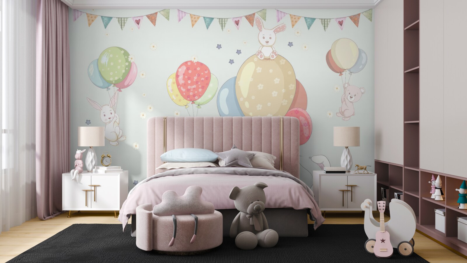 Fotobehang konijnen en beren met ballonnen