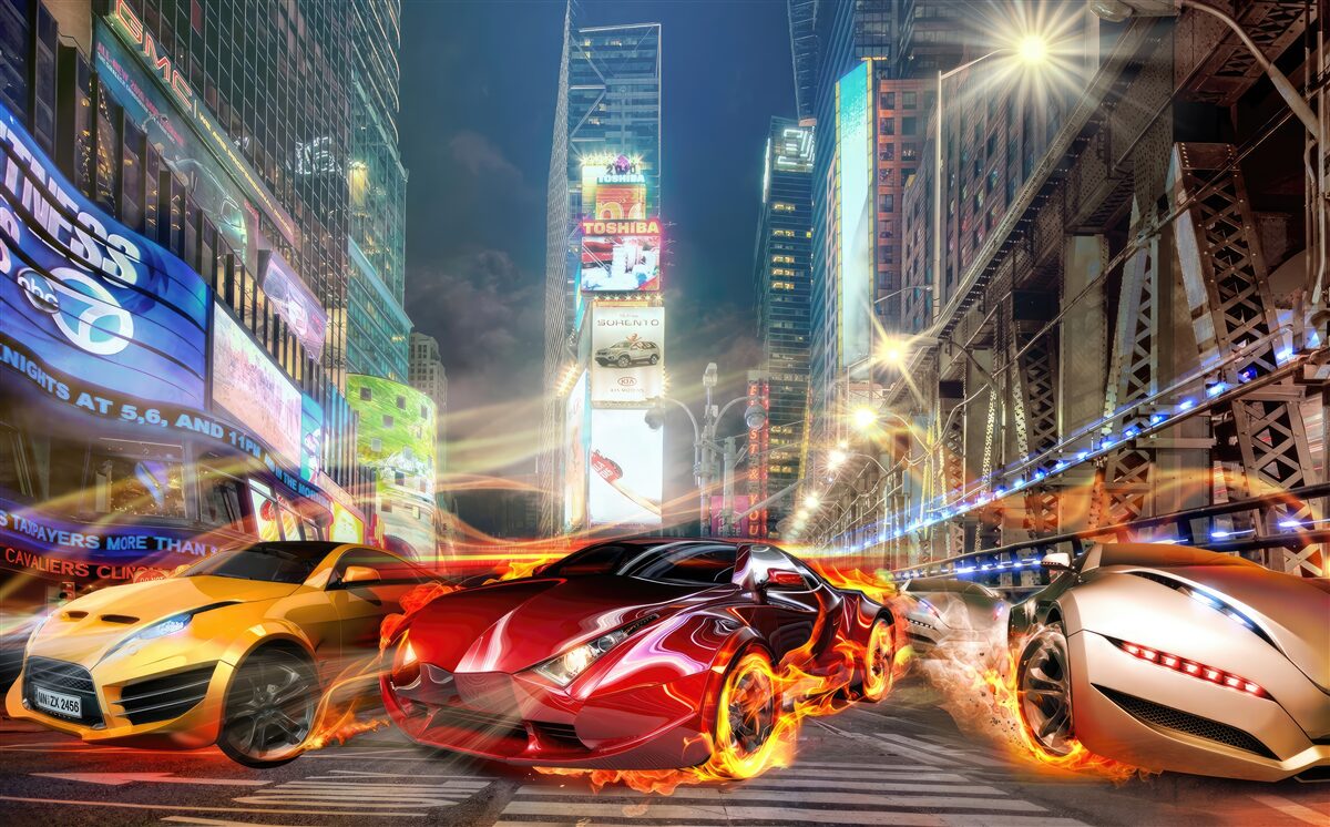 Fotobehang sportauto's op straten in de stad