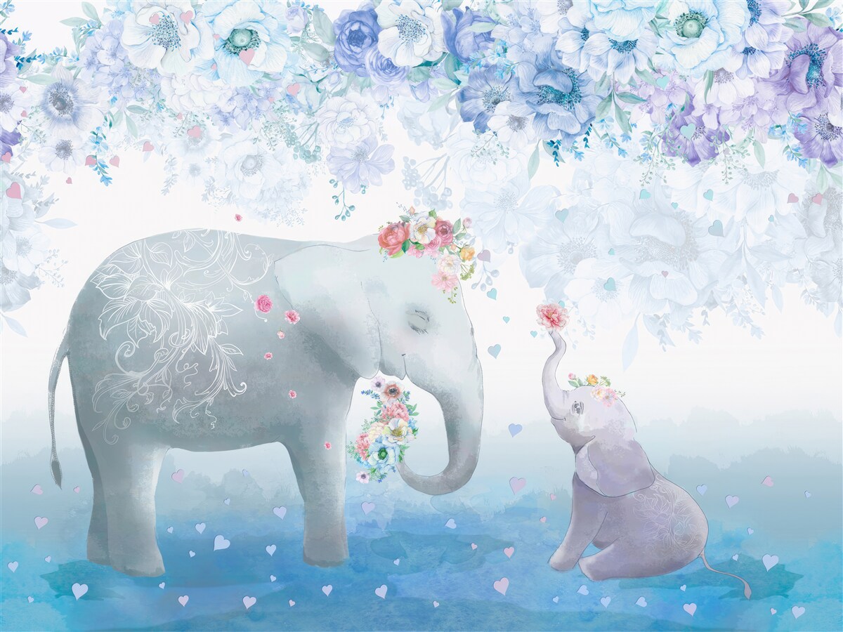 Fotobehang olifant met kind tussen bloemen