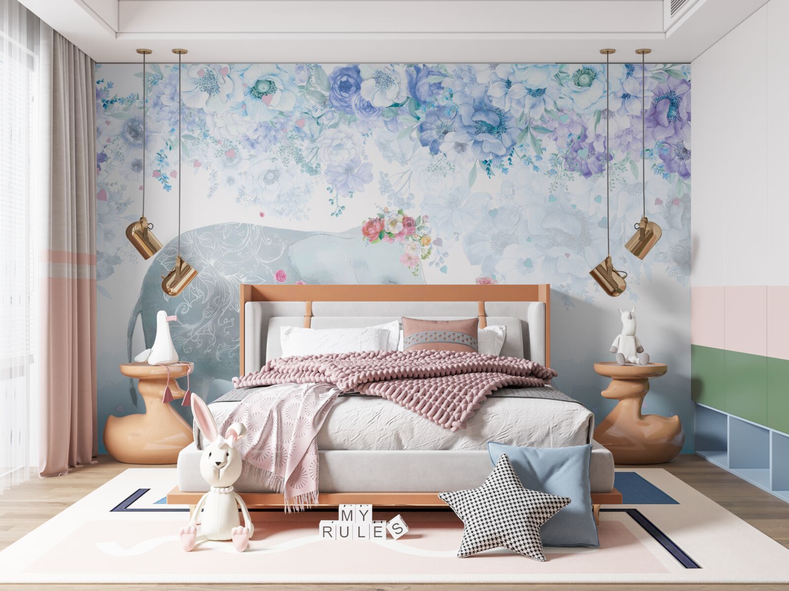 Fotobehang olifant met kind tussen bloemen