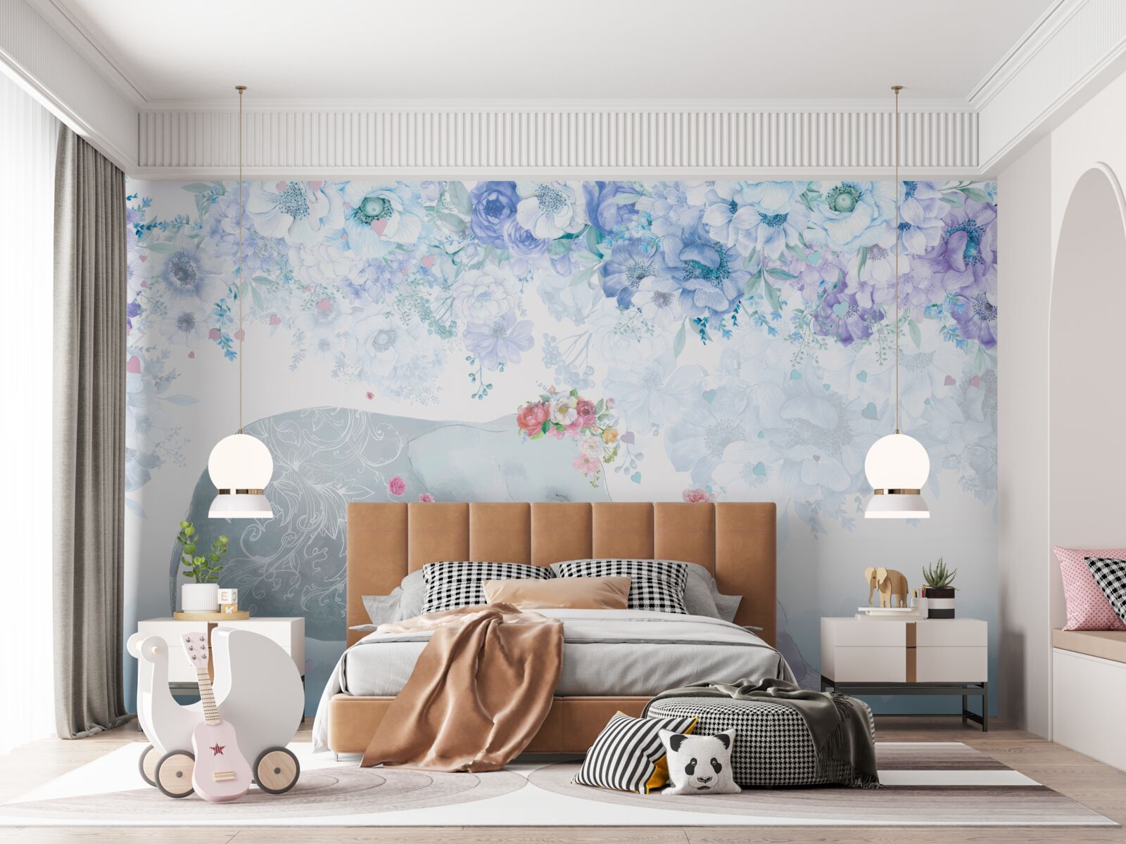 Fotobehang olifant met kind tussen bloemen