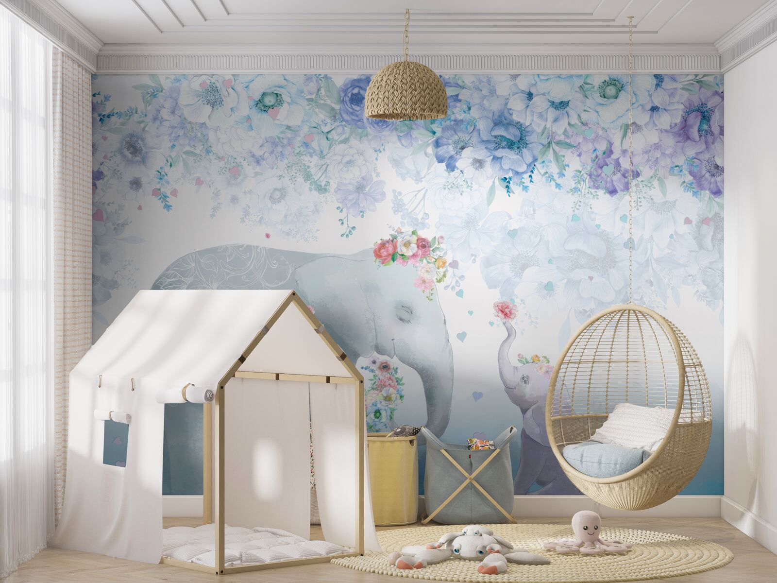 Fotobehang olifant met kind tussen bloemen