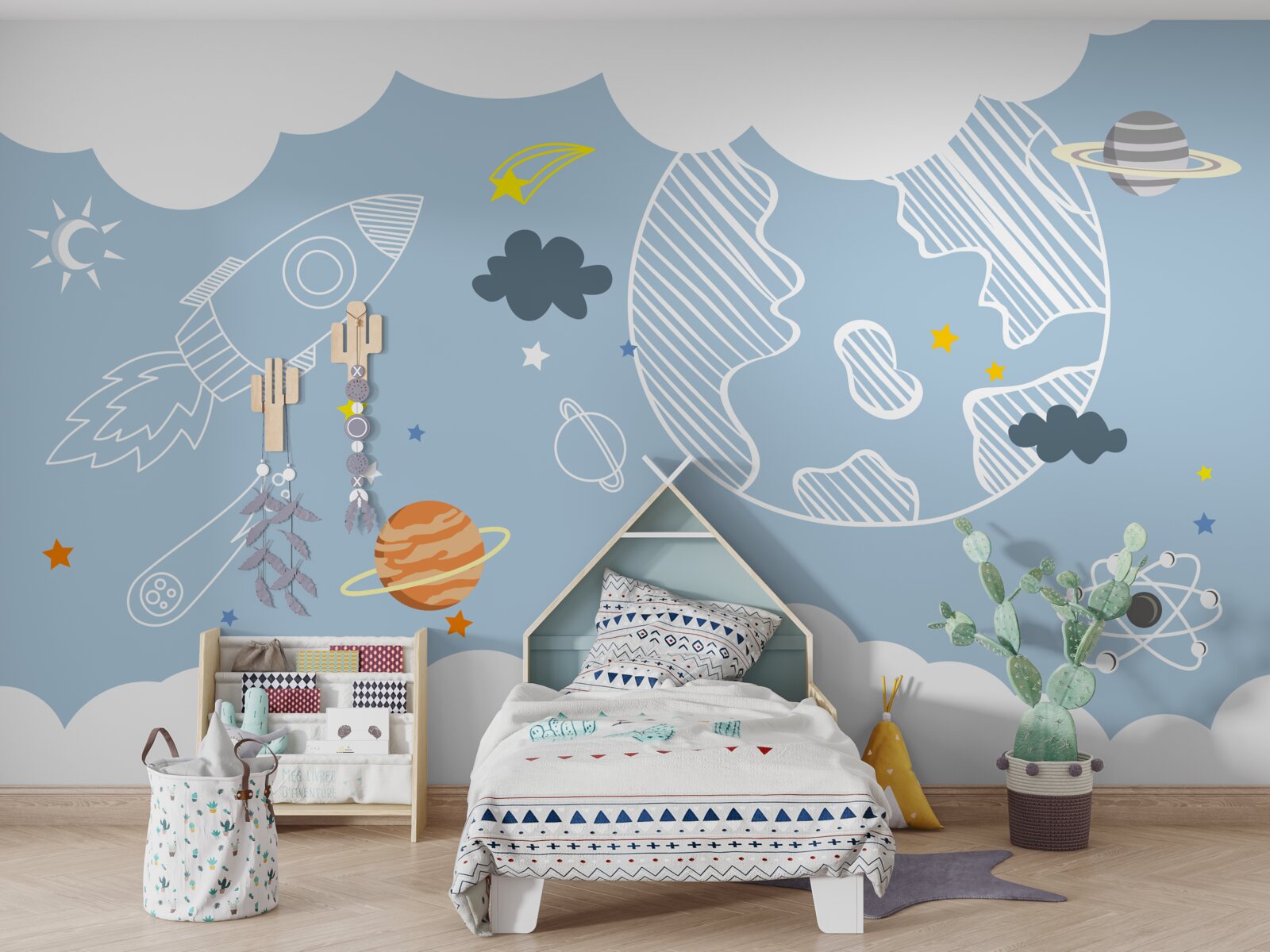 Fotobehang afbeelding van ruimte op een blauwe achtergrond