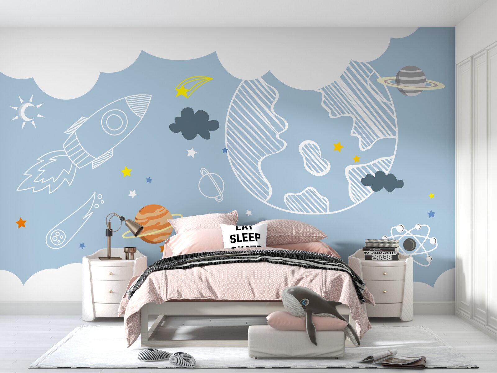 Fotobehang afbeelding van ruimte op een blauwe achtergrond